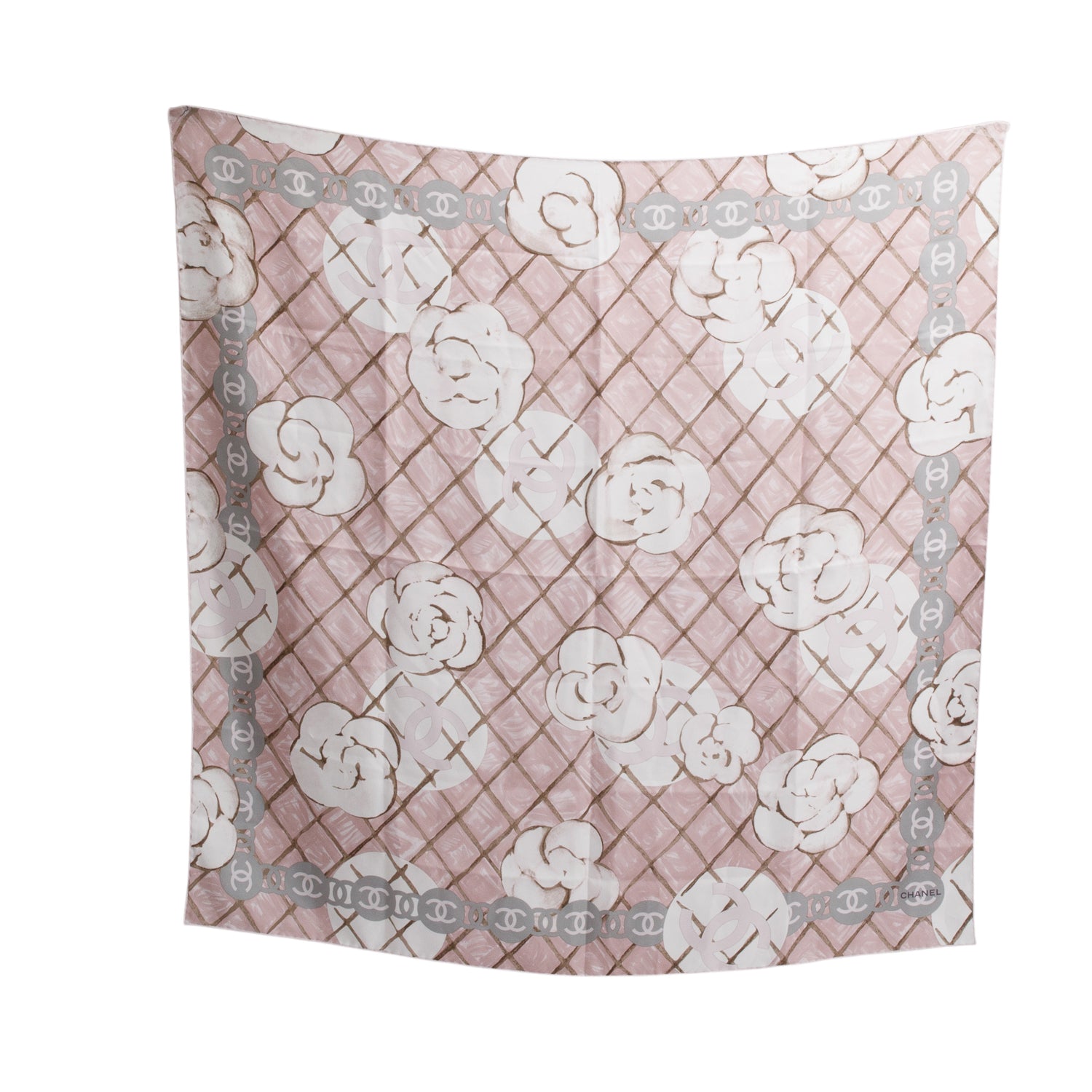 Chanel Pink Silk CC Logo Camellia Scarf