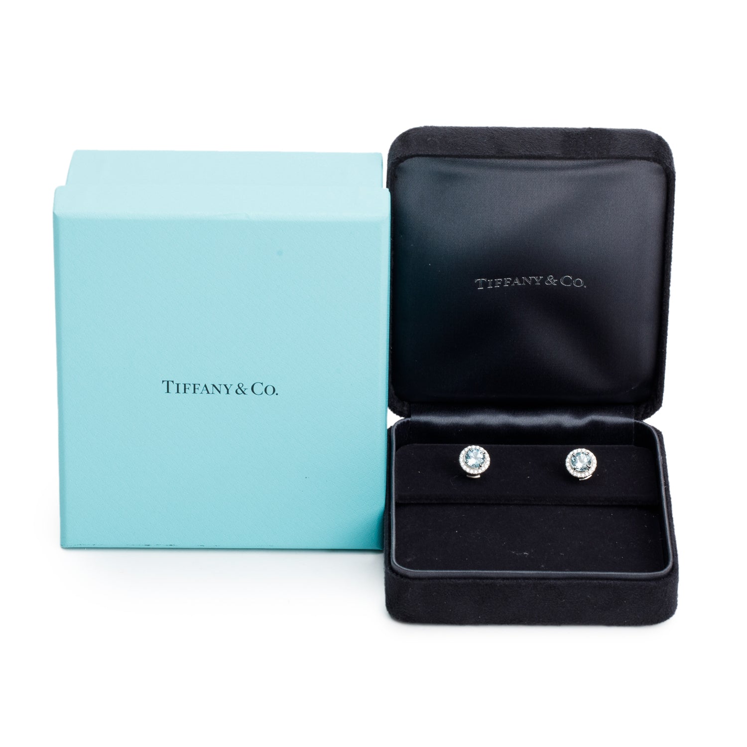Tiffany & Co. Platinum 6 MM Aquamarine & Diamond Soleste Stud Earrings w/ Box