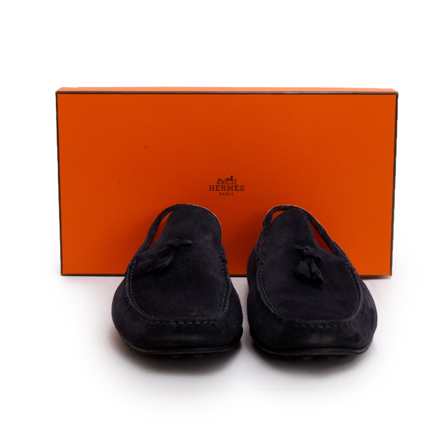 Hermes Navy Suede Leonard Mocassins Loafer, Size 44 w/ Box