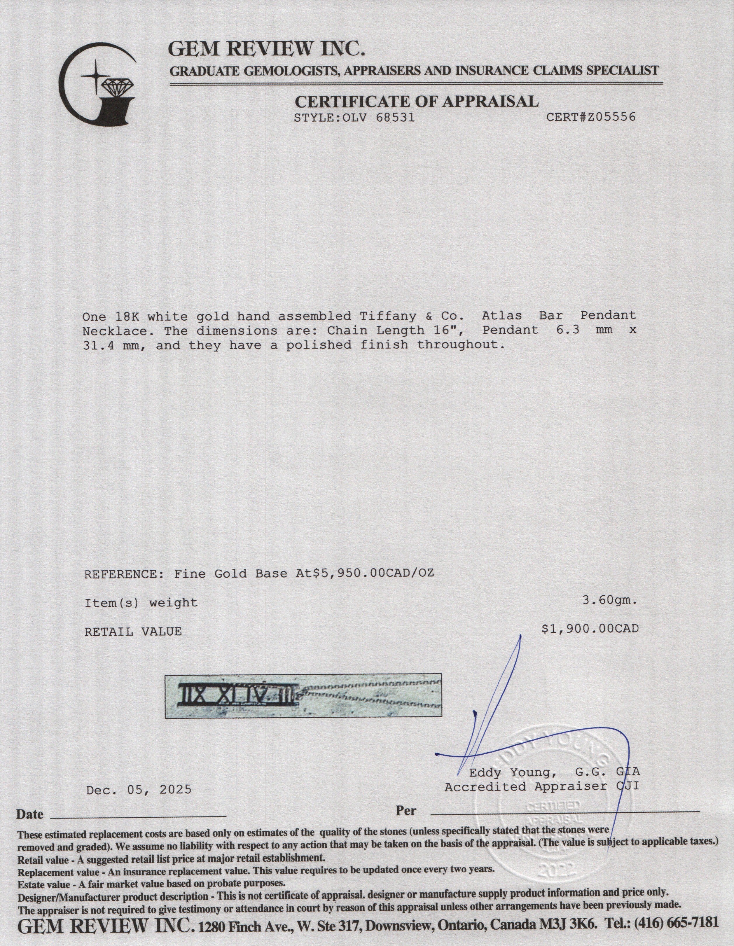 Tiffany & Co. 18k White Gold Atlas Bar Pendant Necklace w/ Box