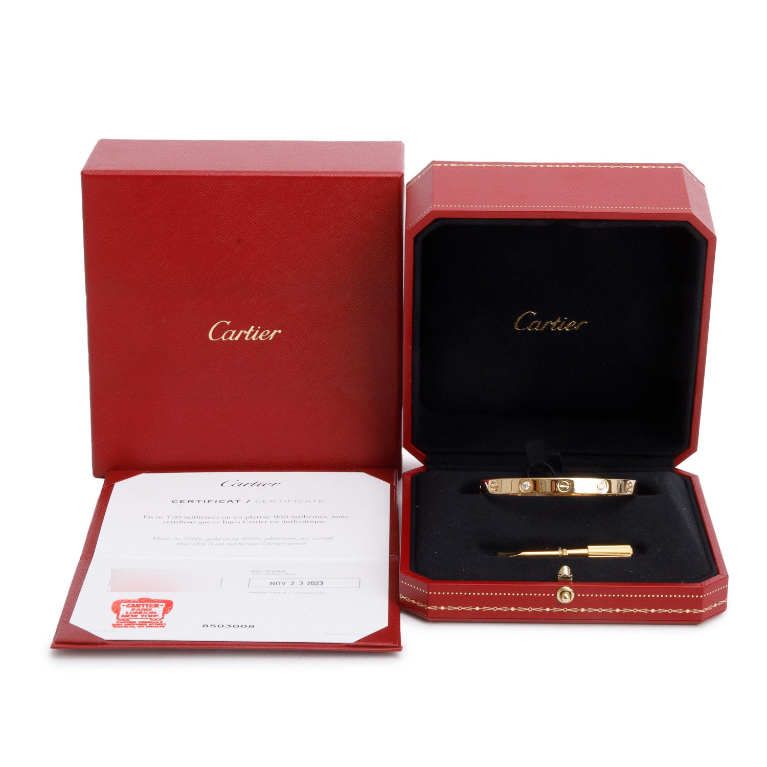 Cartier 2023 18k Yellow Gold Love Bracelet with 4 Diamonds, Classic Model Size 17 w/ Box & Certificate