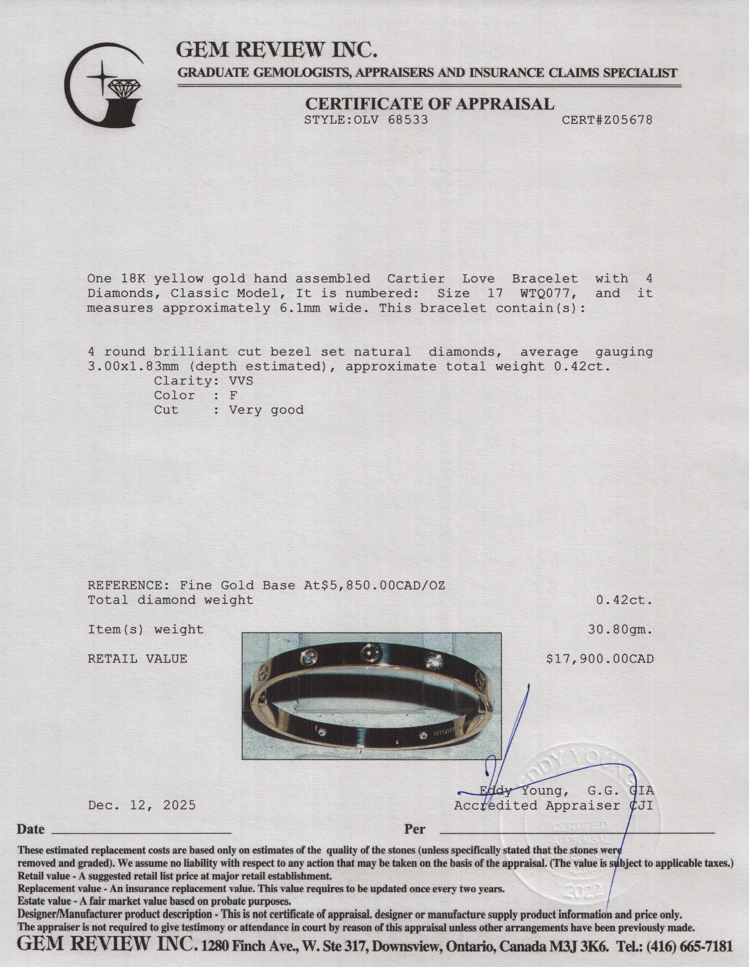 Cartier 2023 18k Yellow Gold Love Bracelet with 4 Diamonds, Classic Model Size 17 w/ Box & Certificate