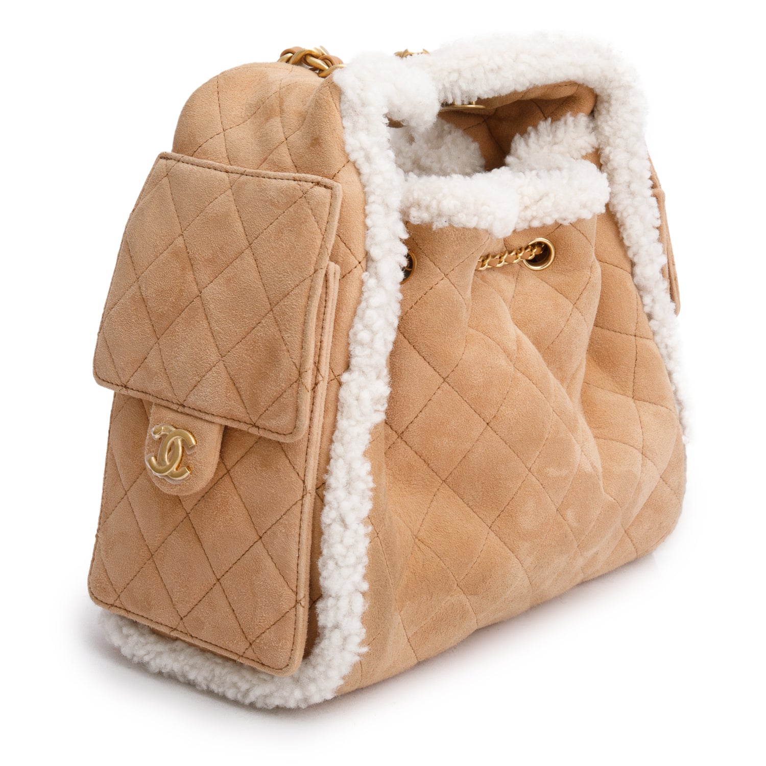 Chanel Brown Suede Quilted Shearling Small 25 Handbag w/ Box