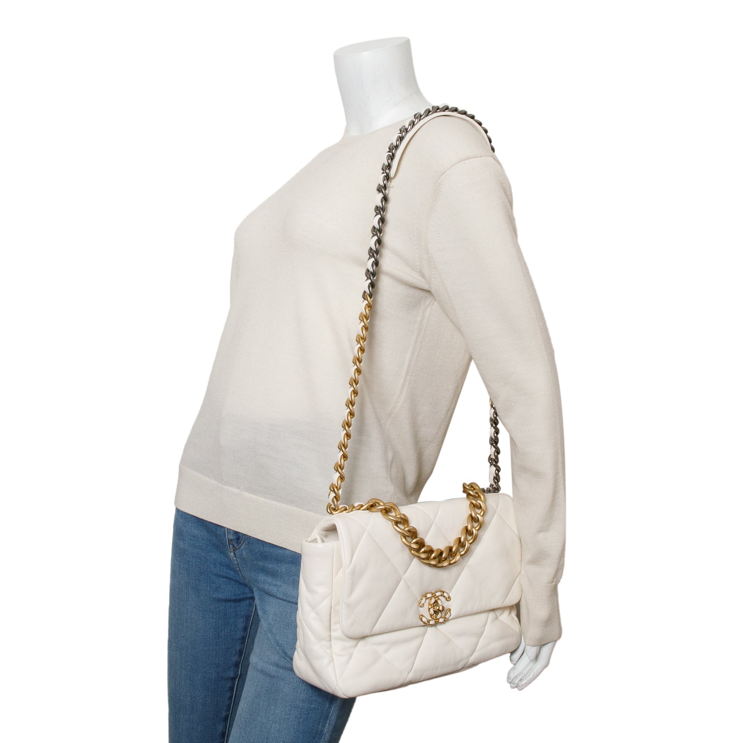 Chanel 2020 White Lambskin Leather Medium 19 Flap Bag w/ Authenticity Card