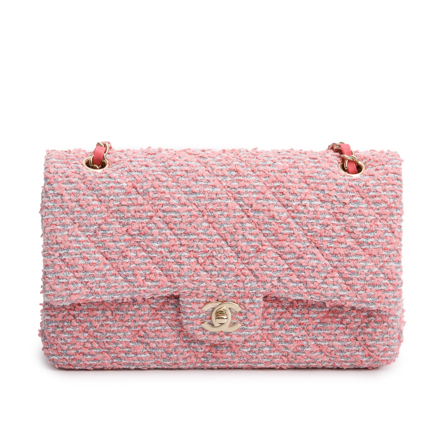 Chanel 2020 Pink Tweed Quilted Medium Double Flap Bag w/ Authenticity Card