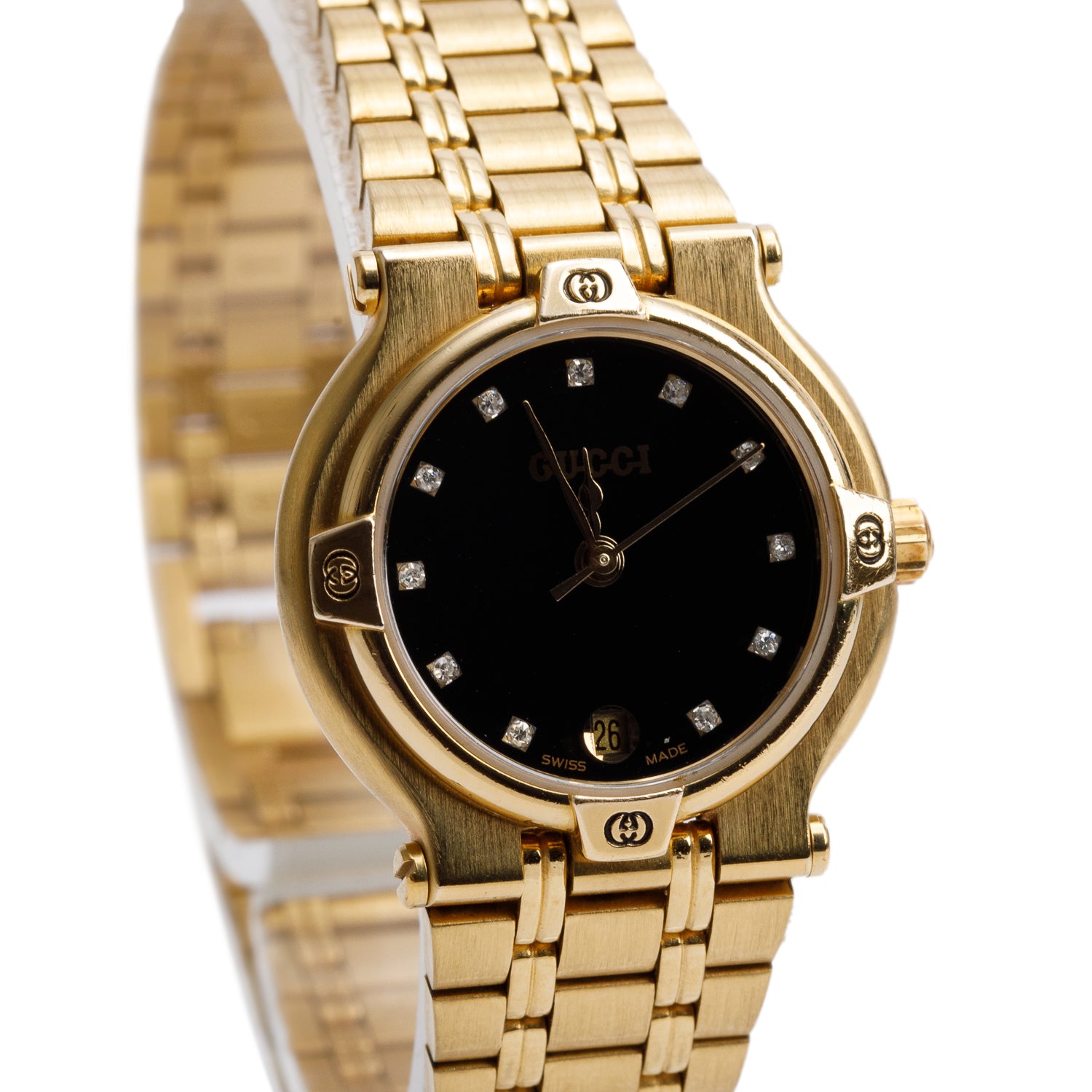 Gucci Gold-Plated Stainless Steel 9200 Series 25 MM Quartz Watch Black Diamond Dial