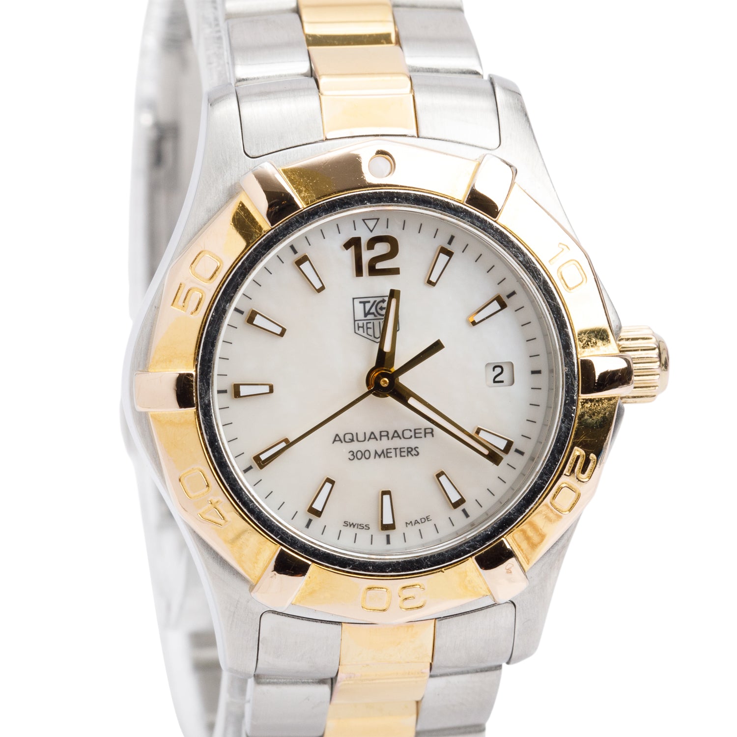Tag Heuer Stainless Steel & Yellow Gold Plated Aquaracer 27 MM Quartz Watch Mother of Pearl Dial WAF1424