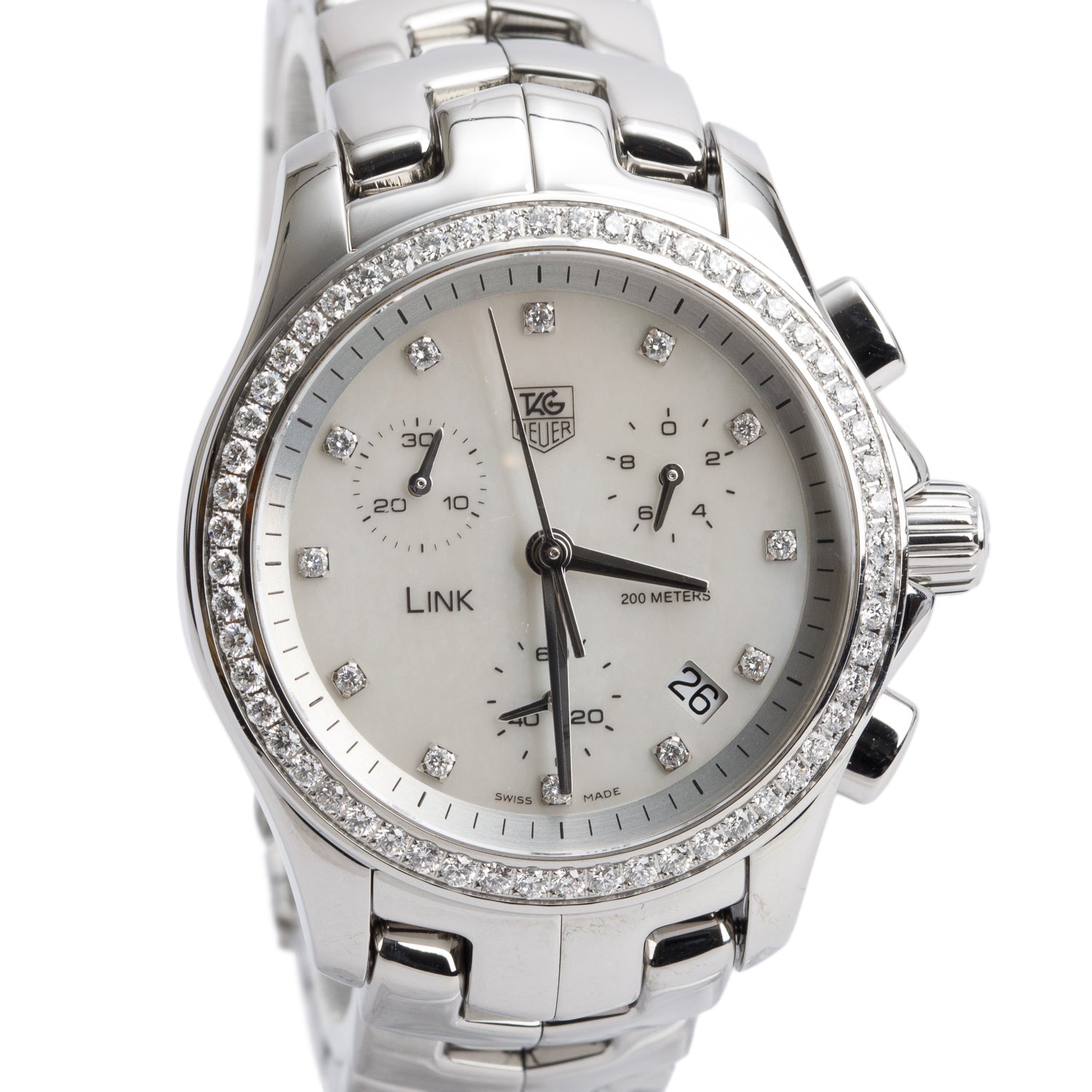 Tag Heuer Stainless Steel Link Diamond Bezel 33 MM Chronograph Quartz Watch Mother of Pearl Diamond Dial CJF1314 w/ Box & Papers