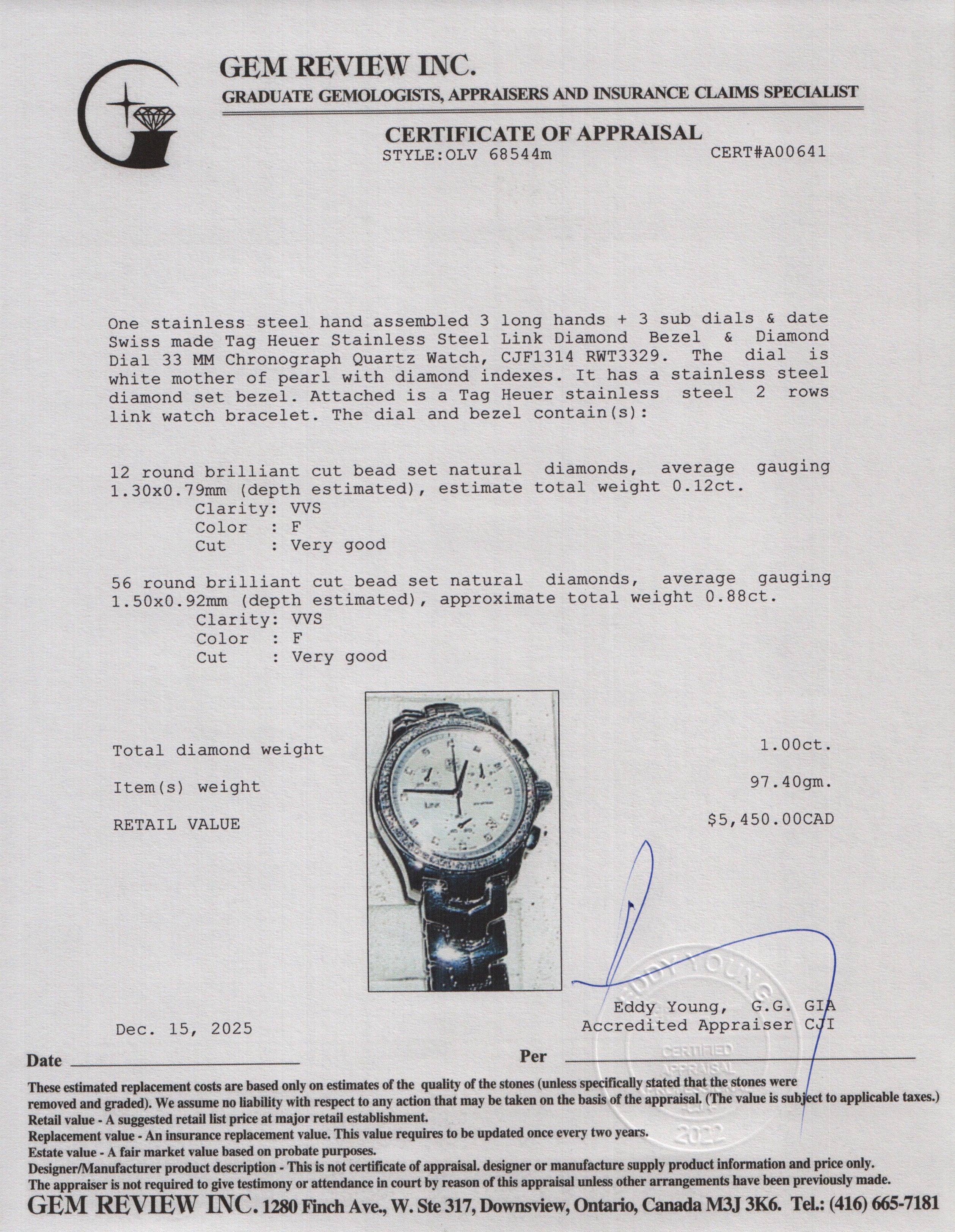 Tag Heuer Stainless Steel Link Diamond Bezel 33 MM Chronograph Quartz Watch Mother of Pearl Diamond Dial CJF1314 w/ Box & Papers