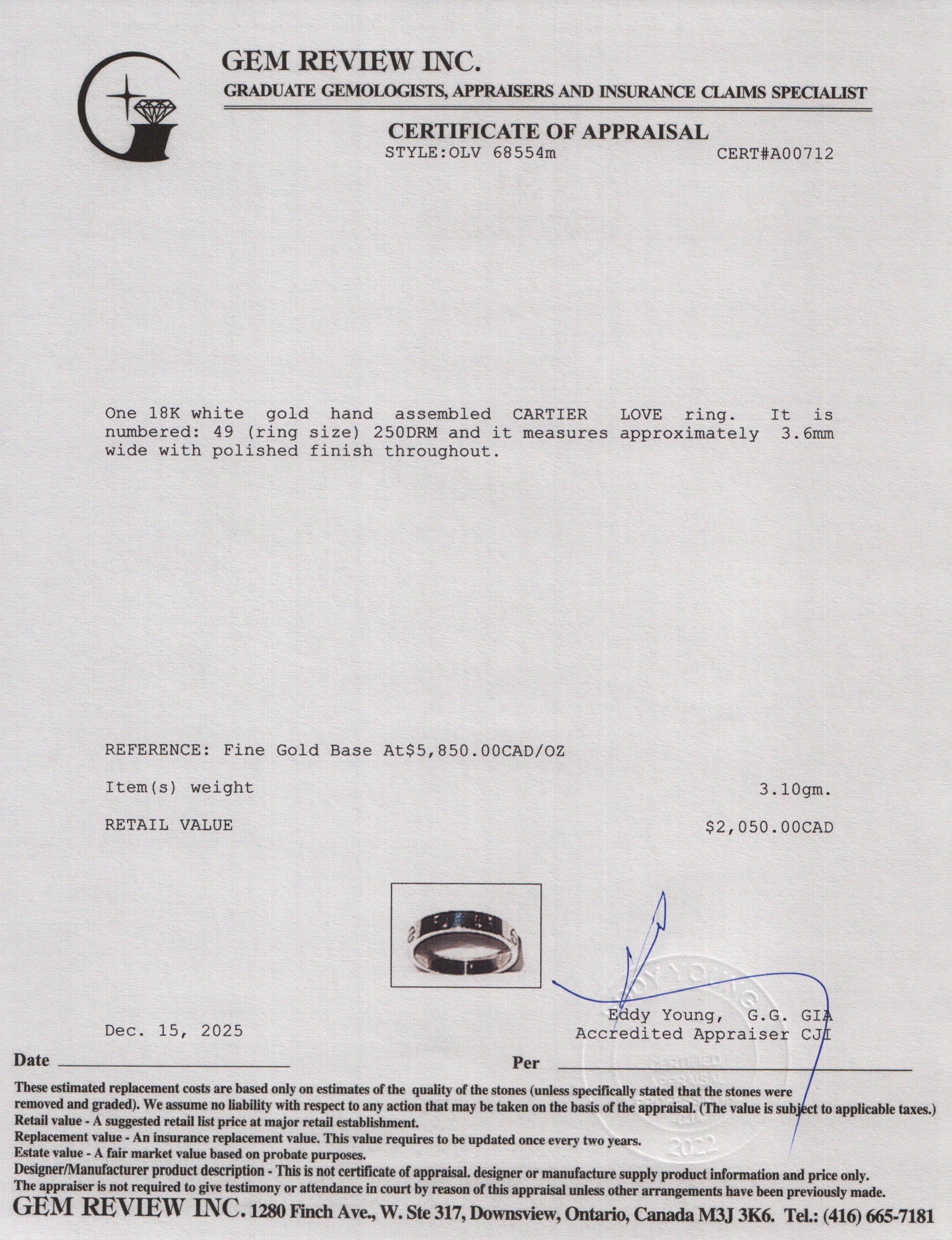 Cartier 2025 18k White Gold 3.6 MM Love Wedding Band Ring, Size 49 5 w/ Box, Receipt & Certificate