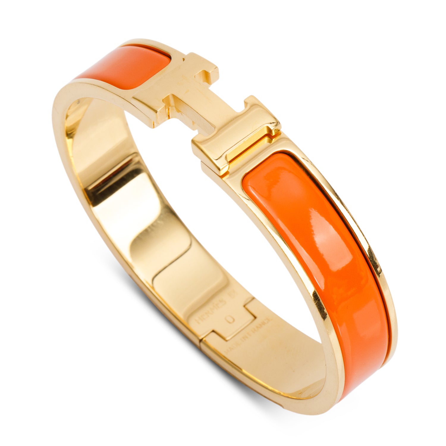 Hermes Yellow Gold Plated Orange Enamel 12 MM Clic H Bracelet w/ Box