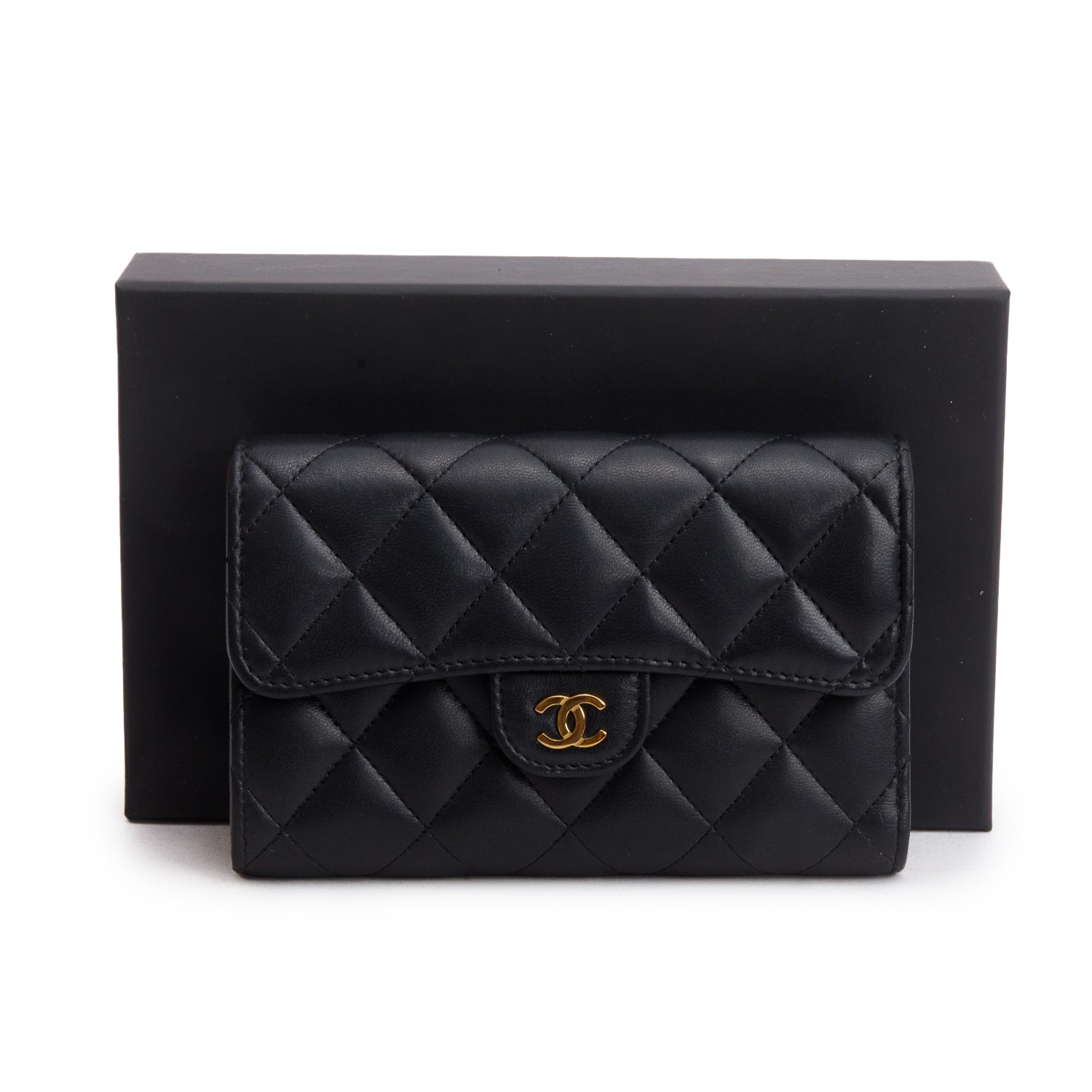 Chanel 2023 Black Lambskin Quilted Medium Flap Wallet w/ Box & Receipt