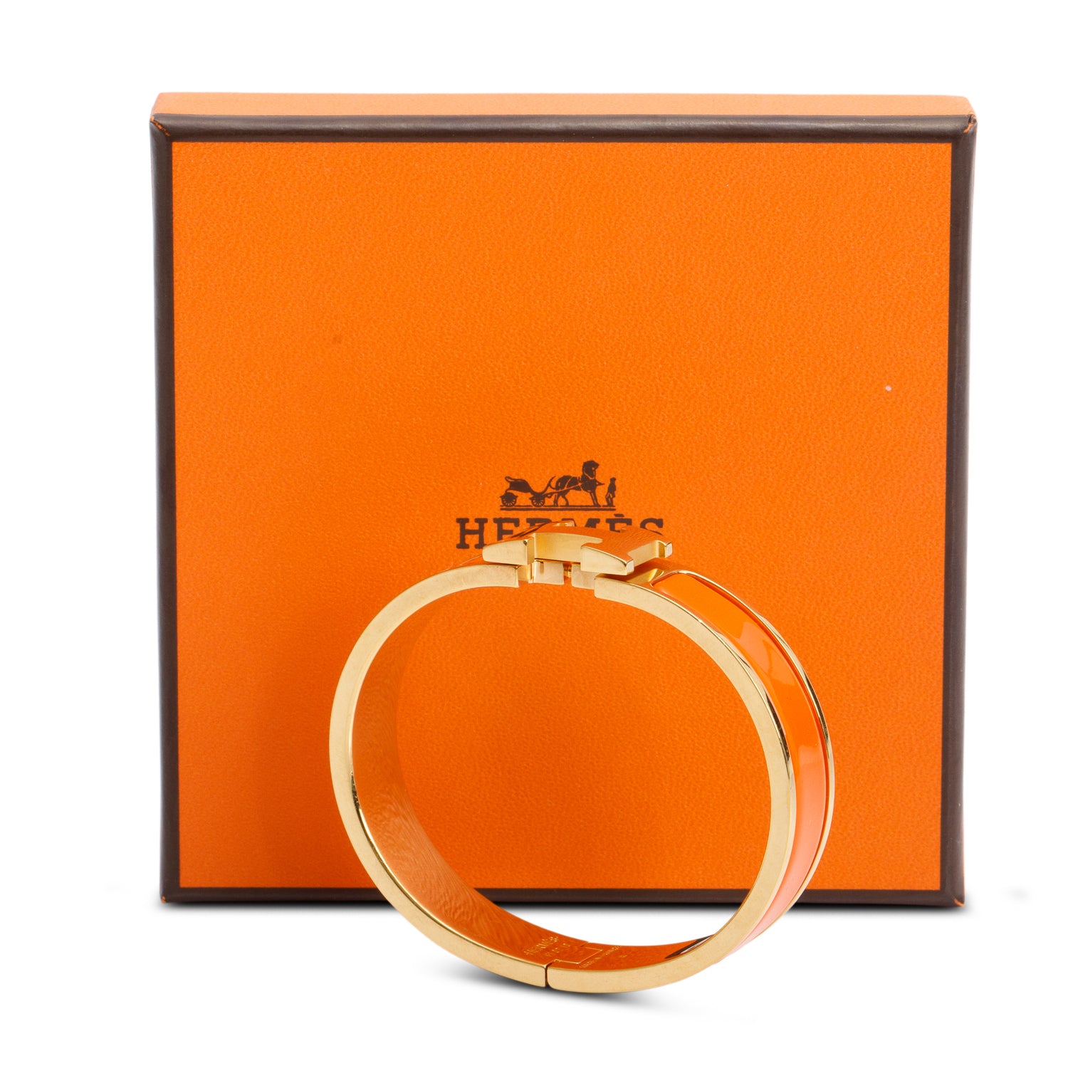 Hermes Yellow Gold Plated Orange Enamel 12 MM Clic H Bracelet w/ Box