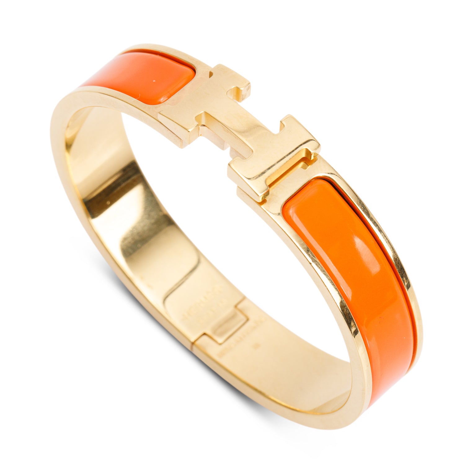 Hermes Yellow Gold Plated Orange Enamel 12 MM Clic H Bracelet w/ Box