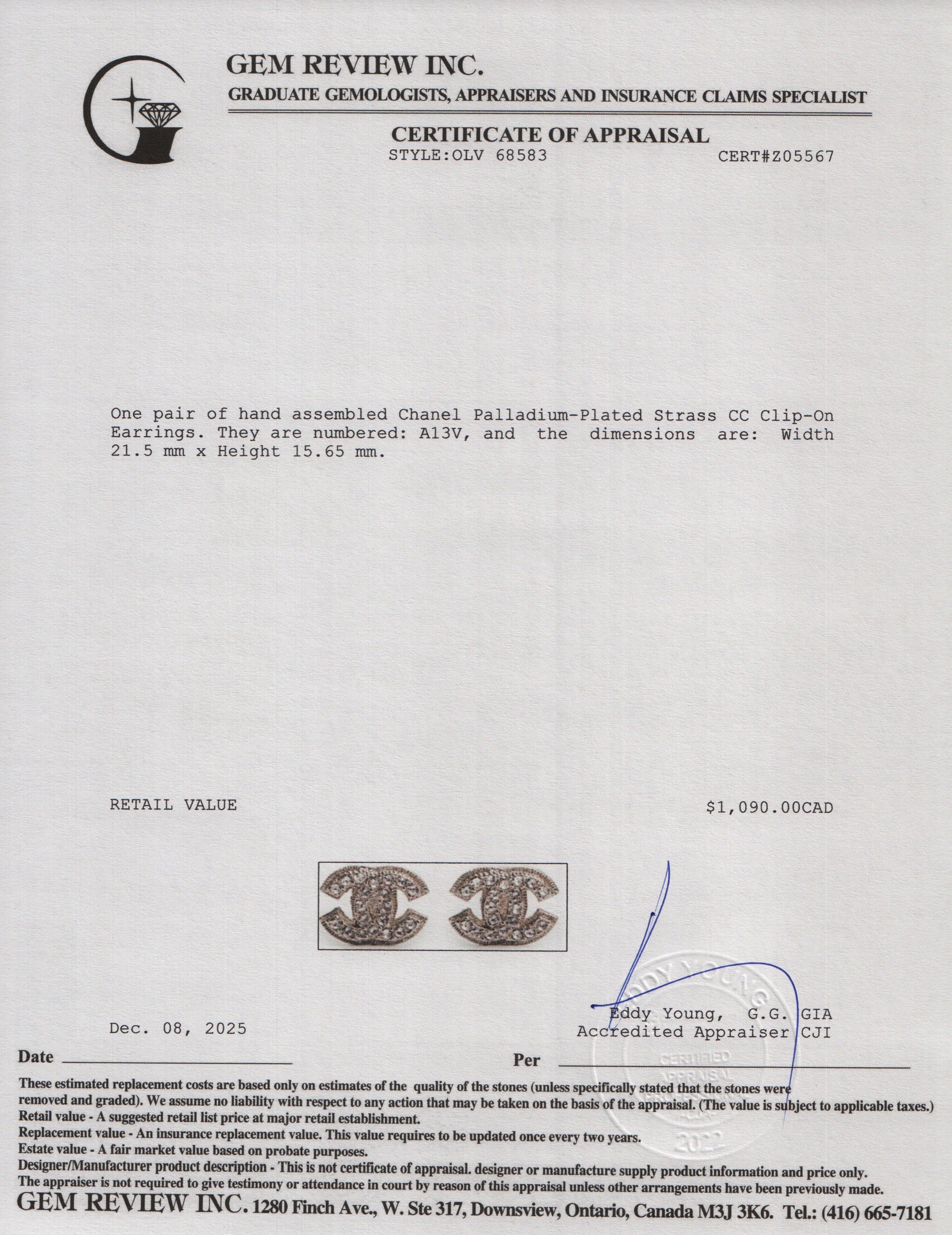 Chanel Palladium-Plated Strass CC Clip-On Earrings w/ Box