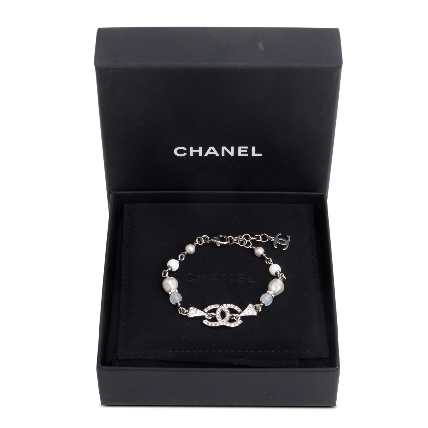 Chanel 2025 Palladium Plated Faux Pearl Resin Bead Station Strass CC Bracelet w/ Box