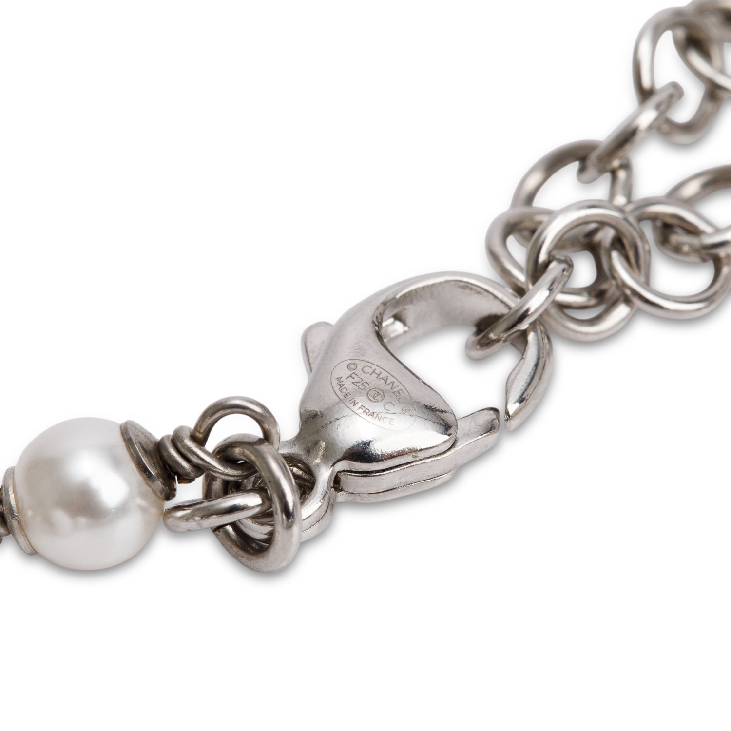 Chanel 2025 Palladium Plated Faux Pearl Resin Bead Station Strass CC Bracelet w/ Box