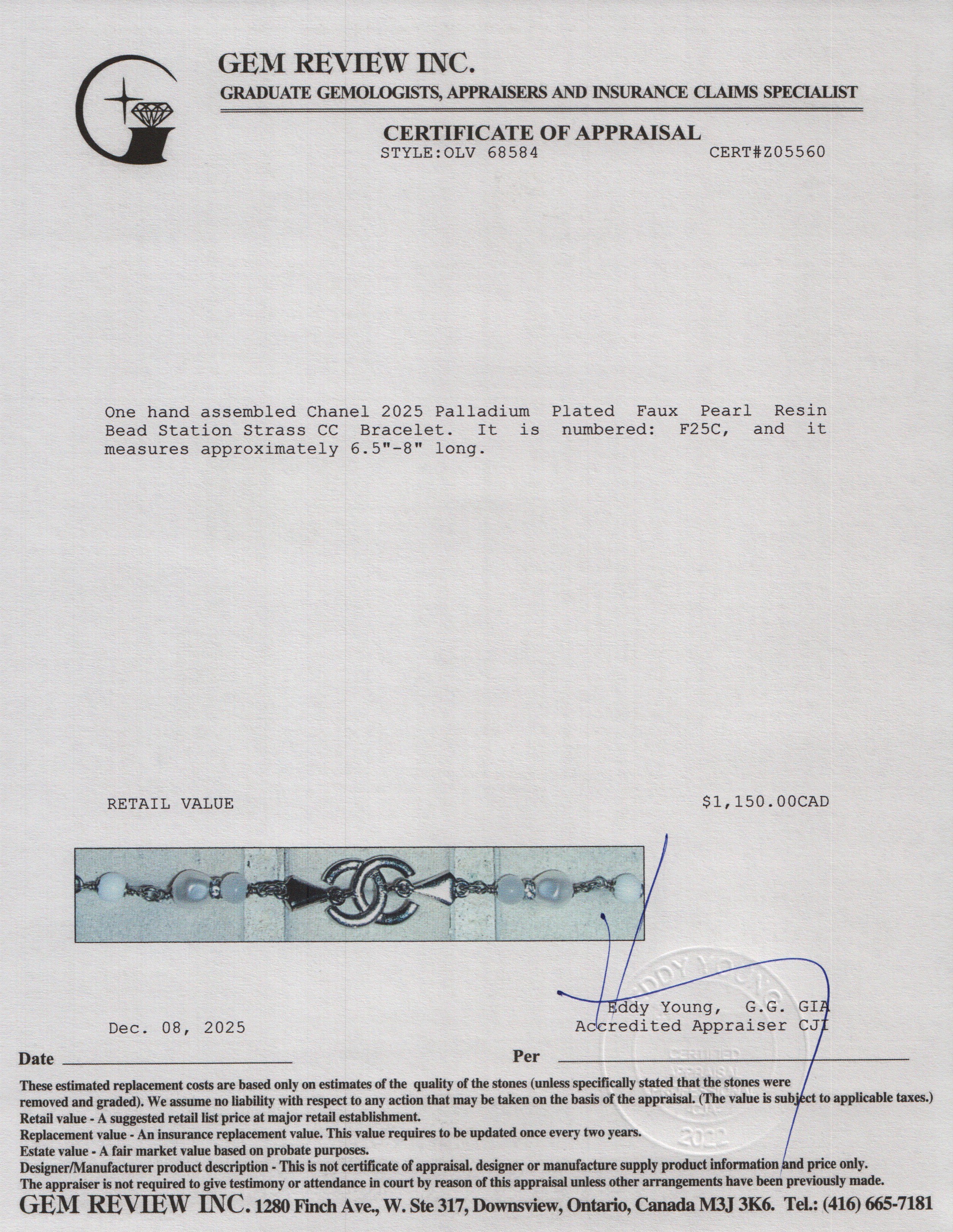 Chanel 2025 Palladium Plated Faux Pearl Resin Bead Station Strass CC Bracelet w/ Box