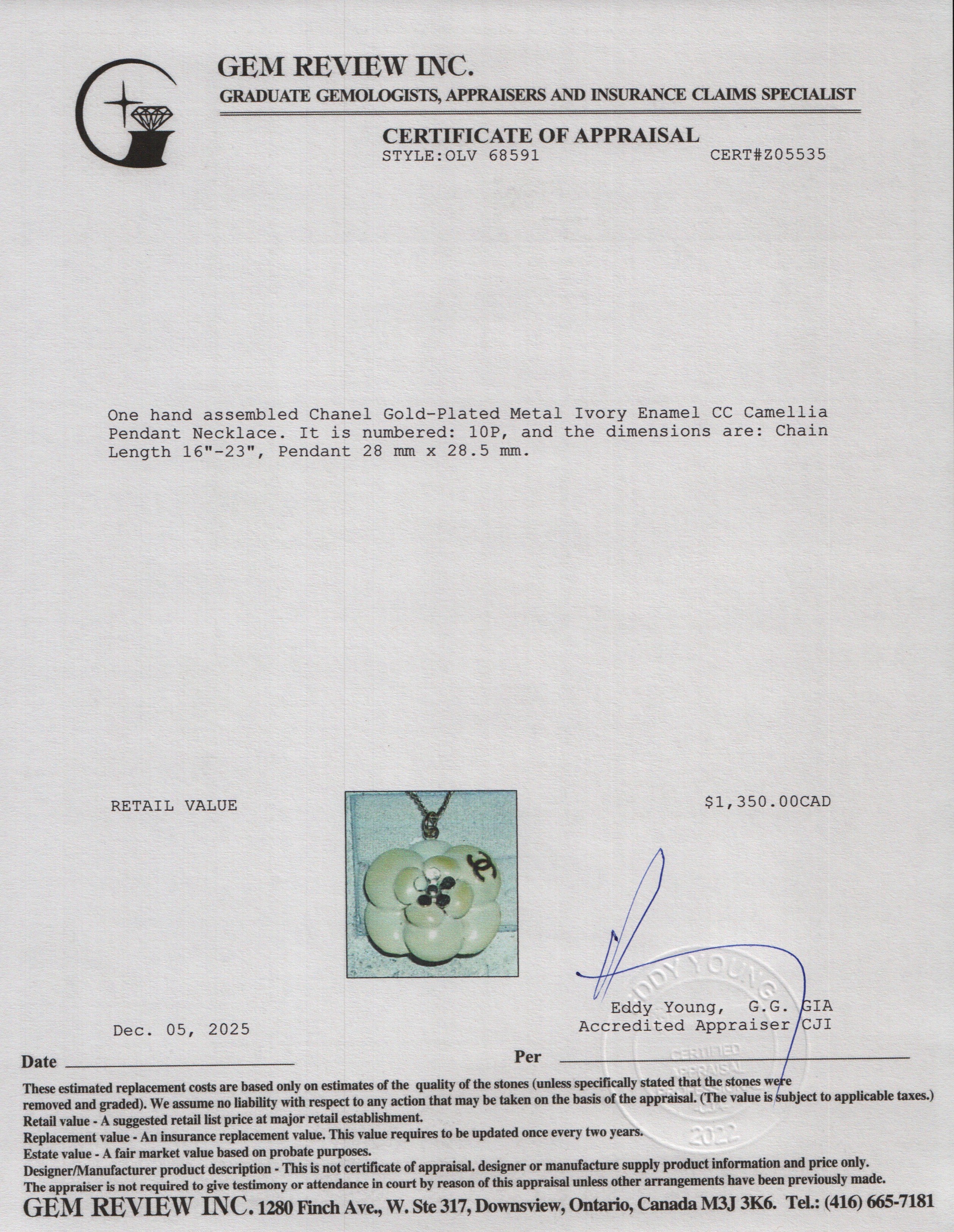 Chanel Gold-Plated Metal Ivory Enamel CC Camellia Pendant Necklace w/ Box