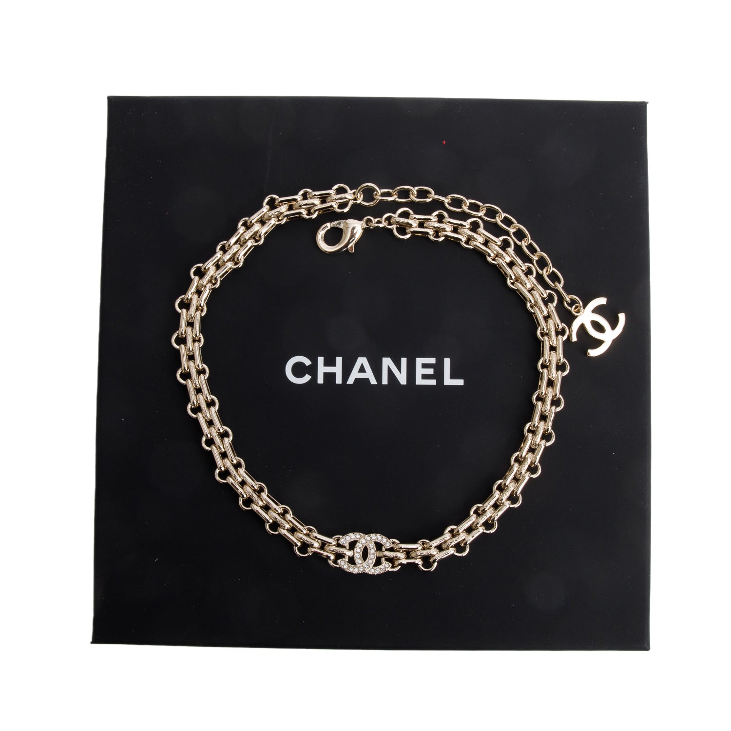 Chanel 2025 Gold Plated Mademoiselle Strass CC Choker Necklace w/ Box