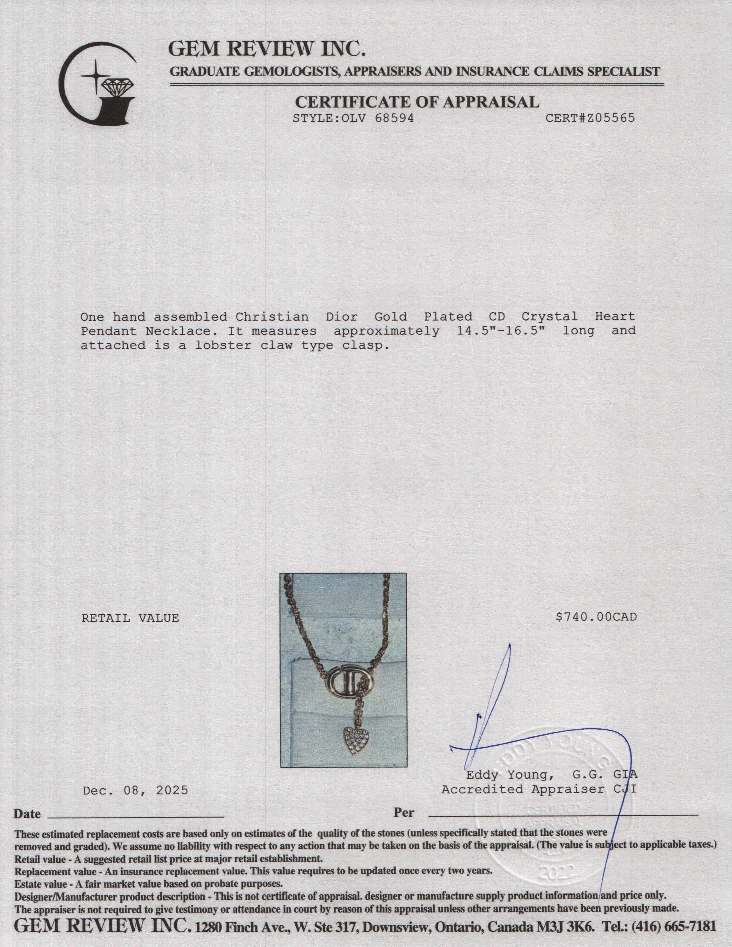 Christian Dior Gold Plated CD Crystal Heart Pendant Necklace w/ Box