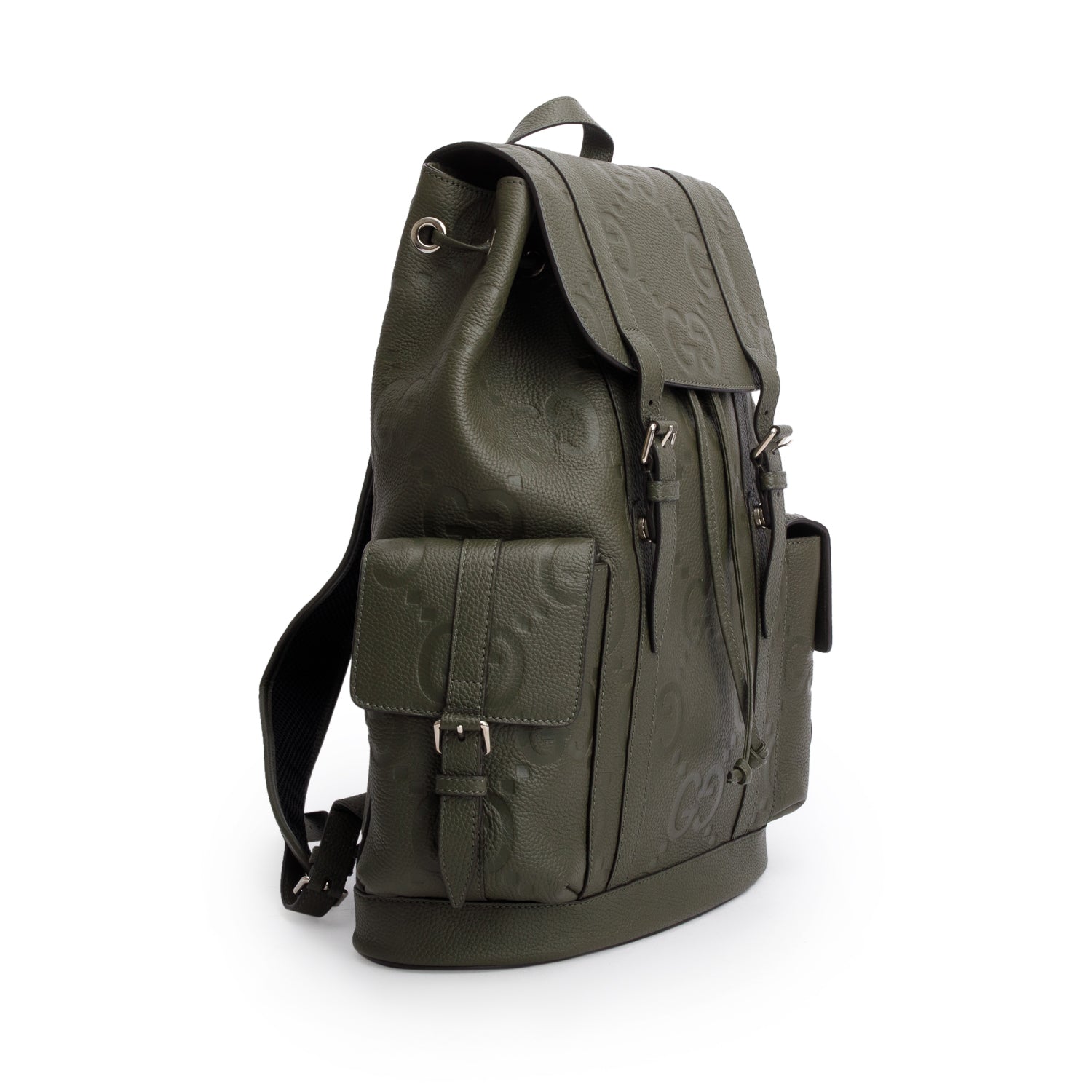 Gucci Green Piuma Calfskin Jumbo GG Embossed Double Buckle Backpack