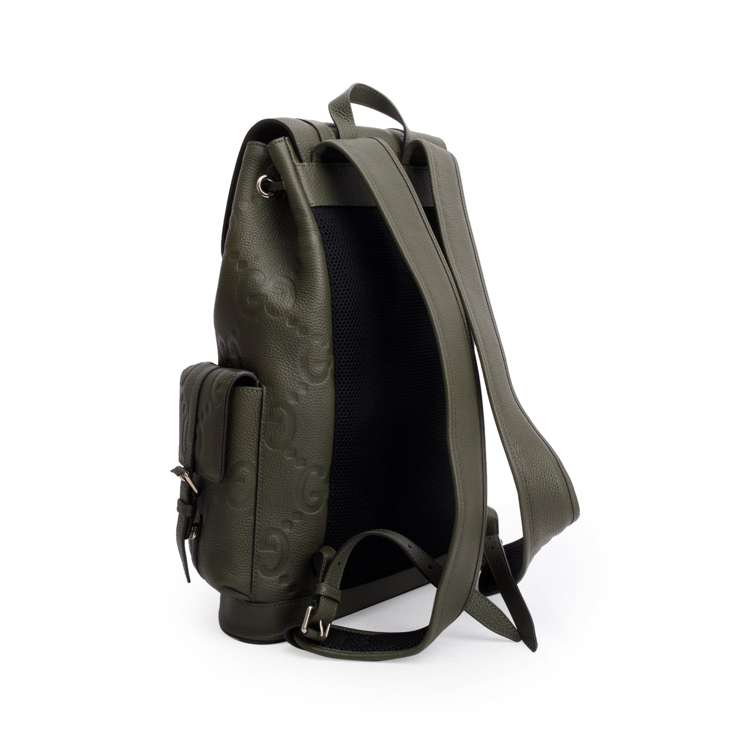 Gucci Green Piuma Calfskin Jumbo GG Embossed Double Buckle Backpack