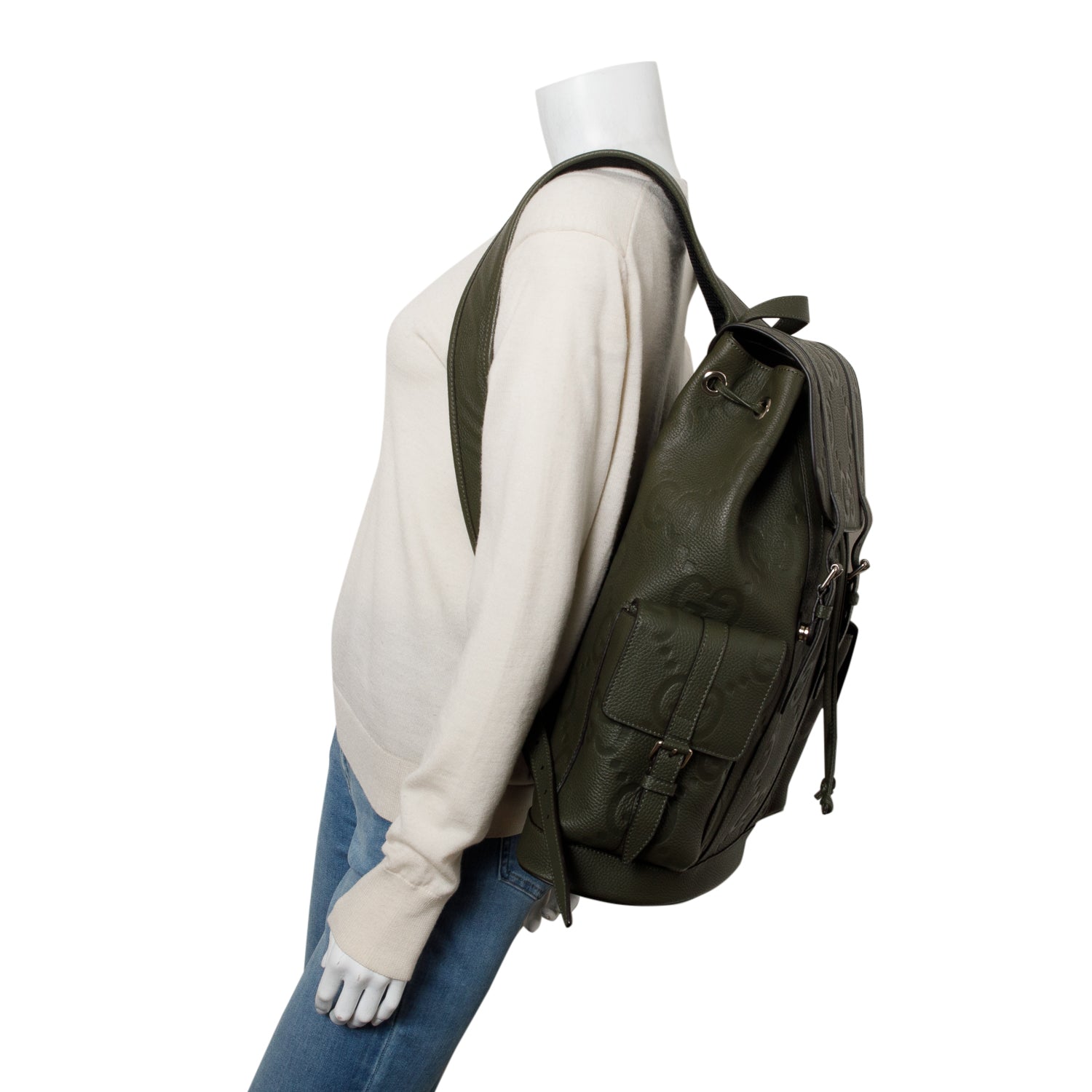 Gucci Green Piuma Calfskin Jumbo GG Embossed Double Buckle Backpack