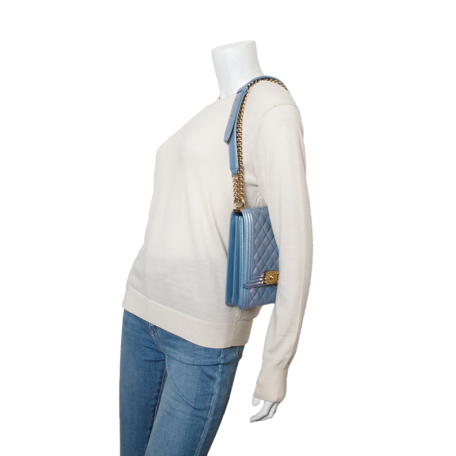 Chanel Blue Iridescent Calfskin Quilted North South Boy Flap Bag w/ Authenticity Card