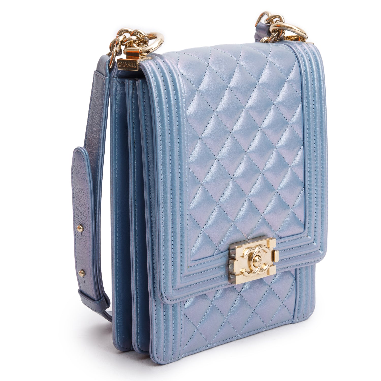 Chanel Blue Iridescent Calfskin Quilted North South Boy Flap Bag w/ Authenticity Card