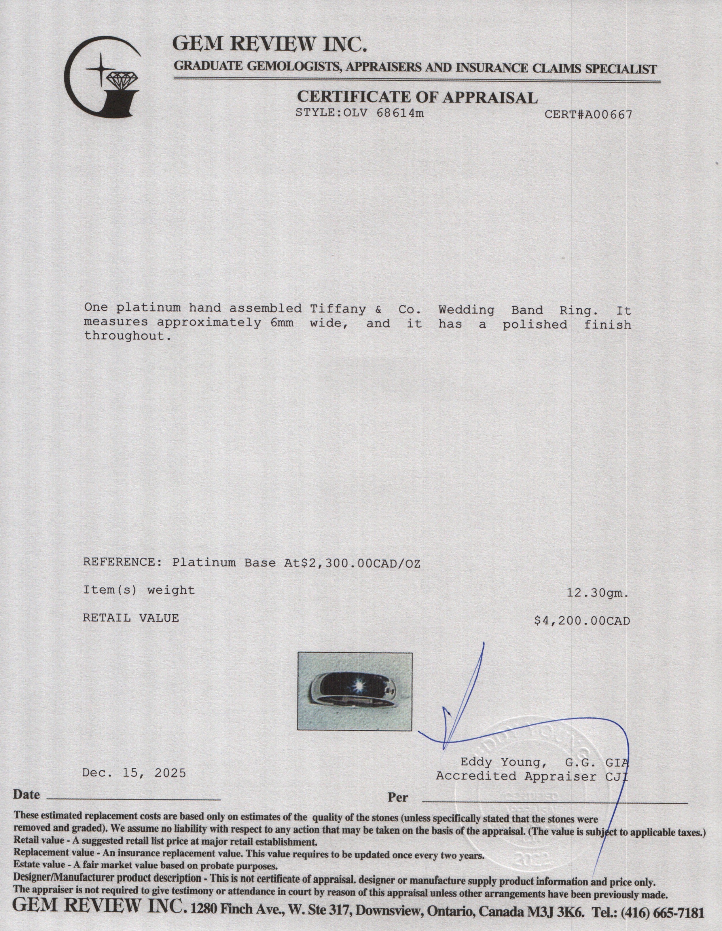 Tiffany & Co. Forever Platinum 6 MM Wedding Band Ring, Size 7.25