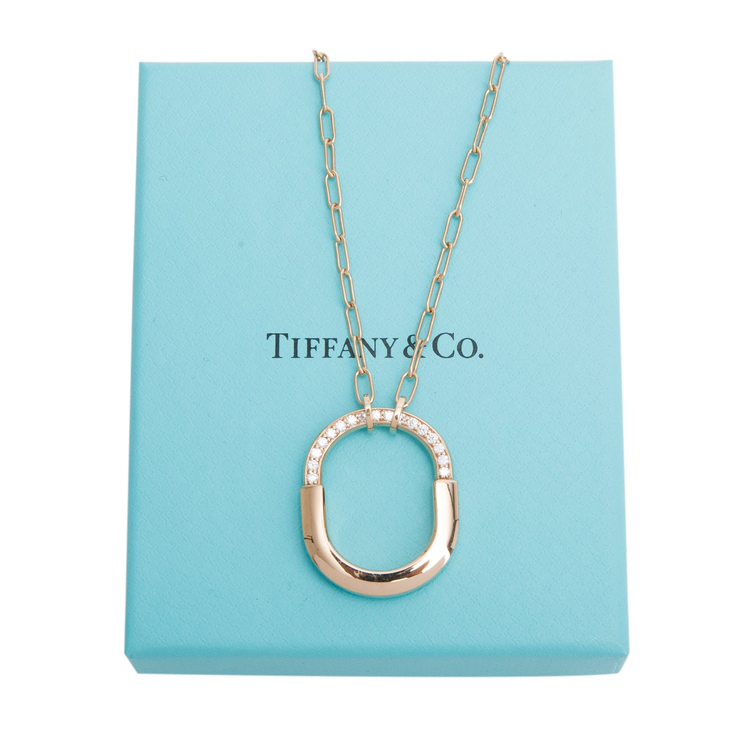 Tiffany & Co. 18k Rose Gold Diamond Medium Lock Pendant Necklace w/ Box