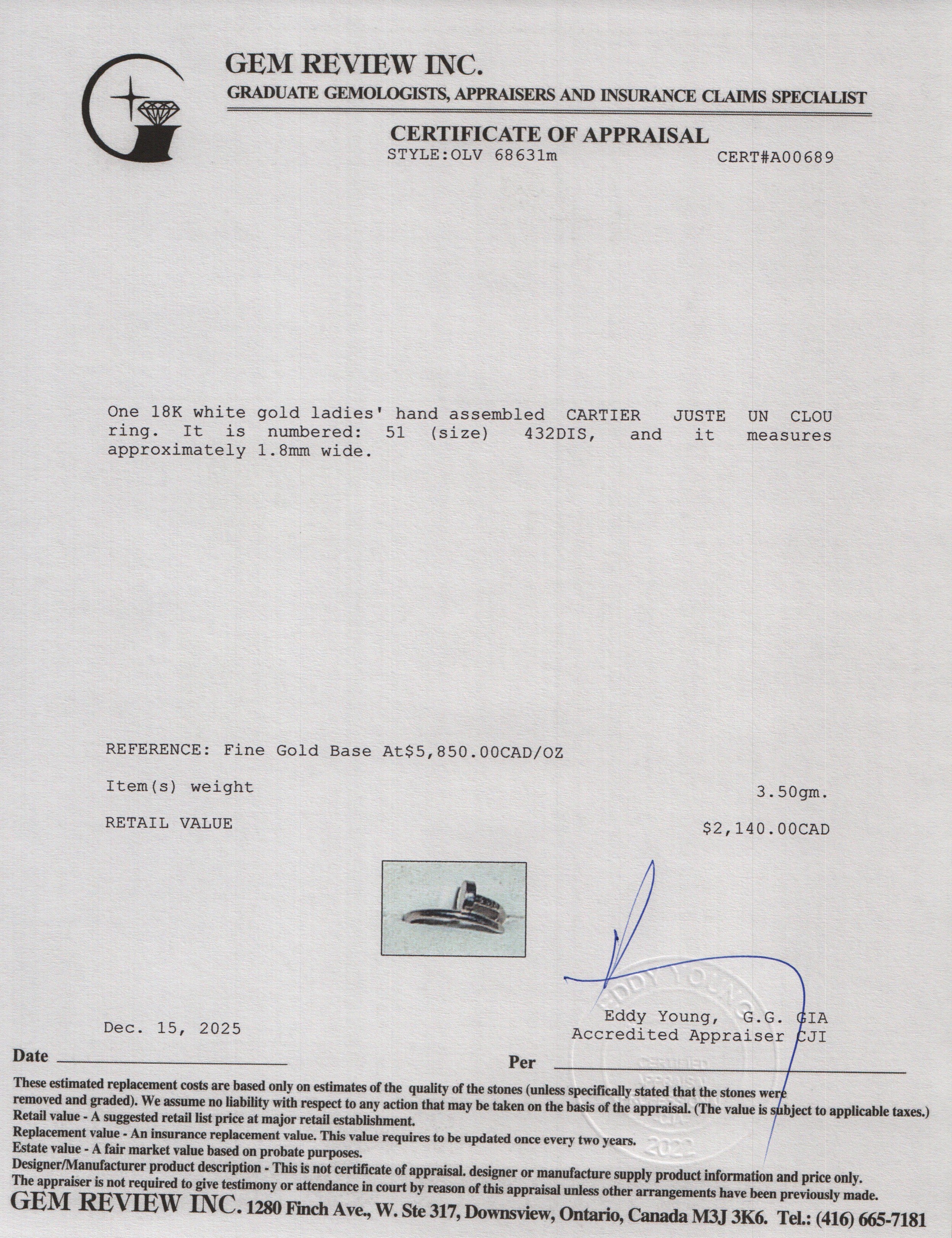 Cartier 2025 18k White Gold Juste Un Clou Ring, Small Model, Size 51 5.75 w/ Box, Receipt, & Certificate