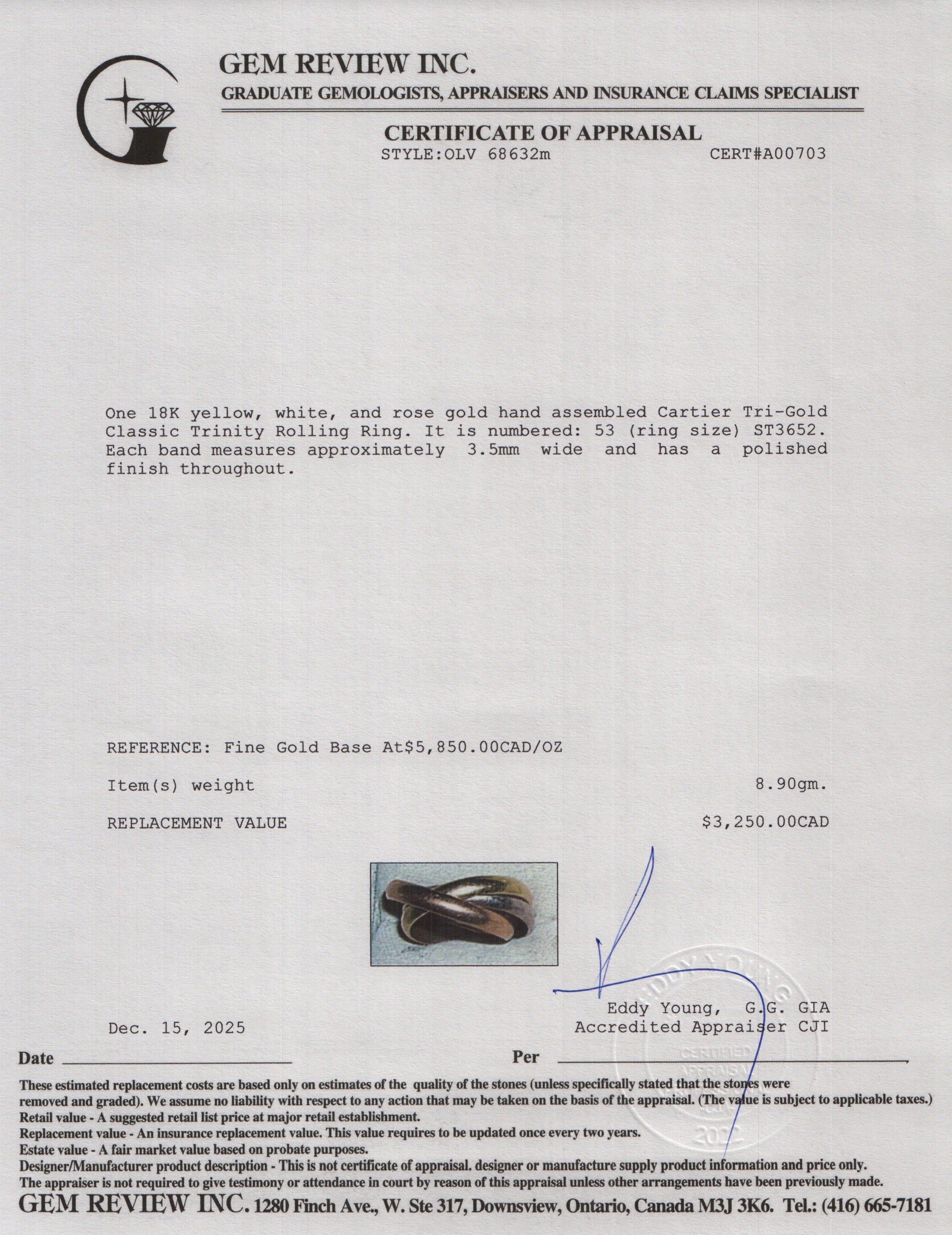 Cartier 18k Tri-Gold Trinity Rolling Ring, Classic Model Size 53 6.5 w/ Box