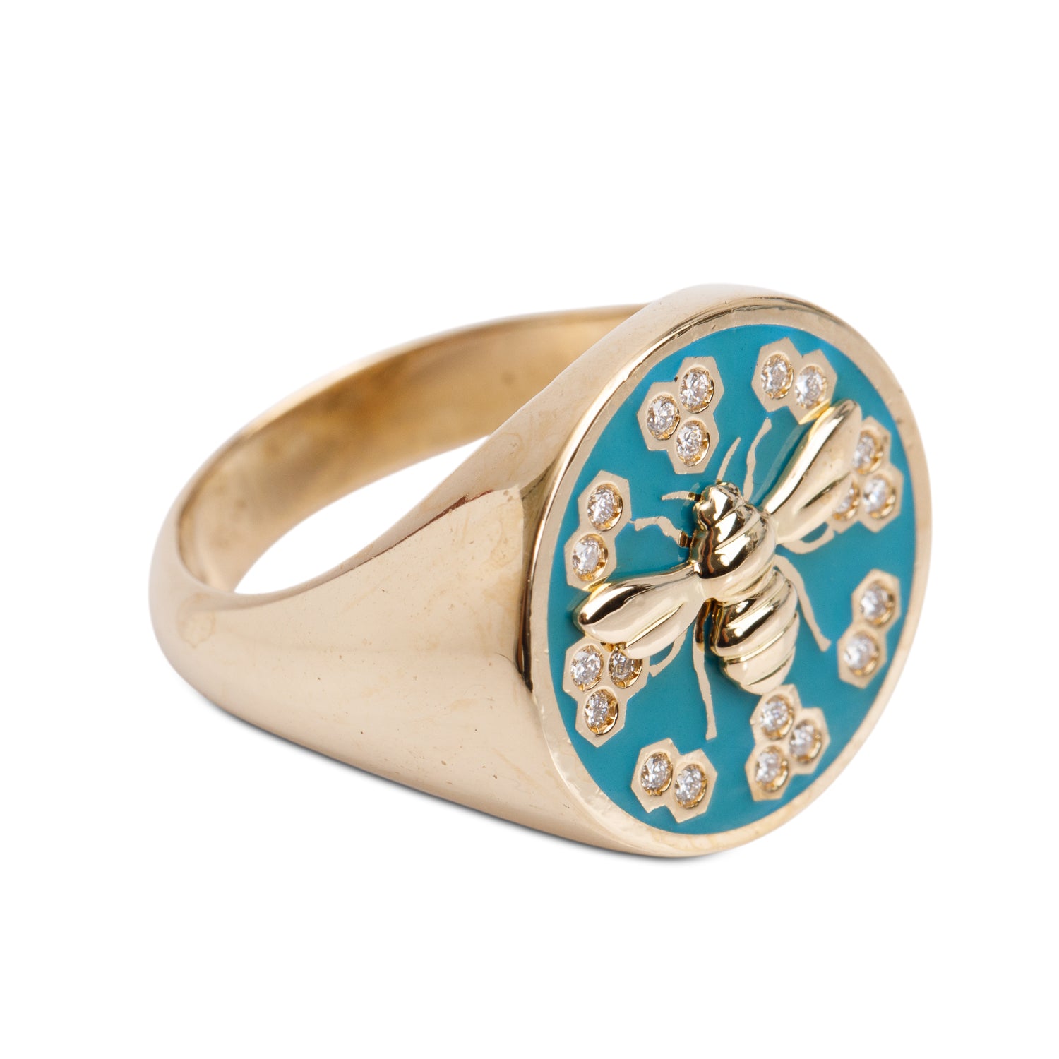 Birks 18k Yellow Gold Teal Enamel & Diamond Bee Chic Signet Ring, Size 4 w/ Box