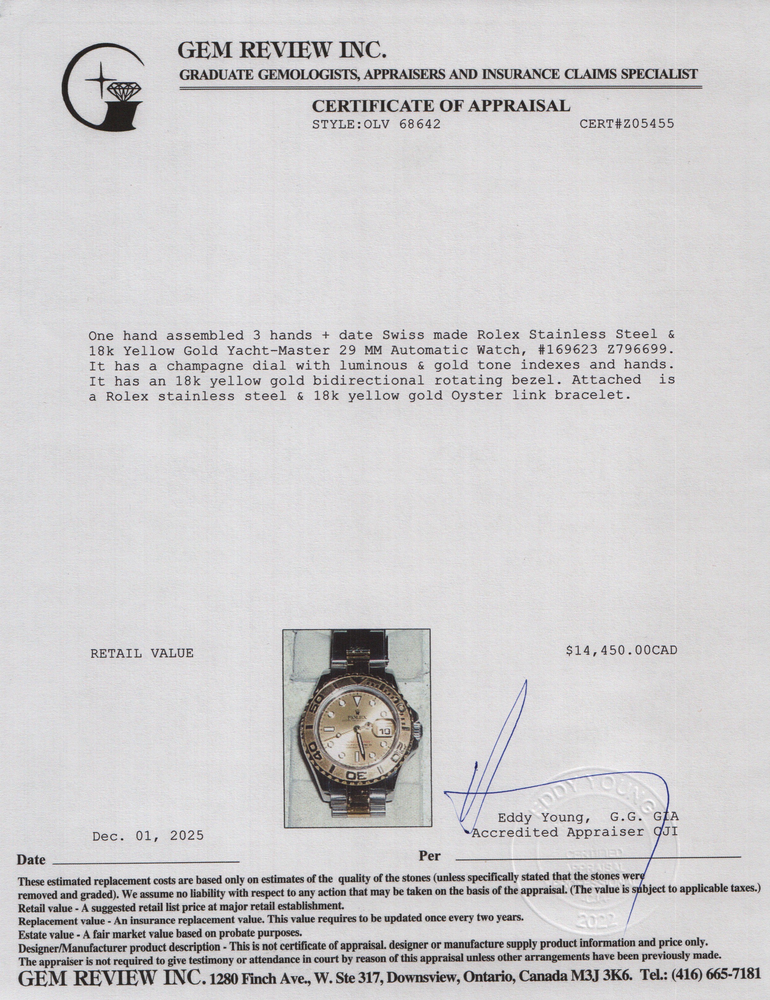 Rolex Stainless Steel & 18k Yellow Gold Yacht-Master 29 MM Automatic Watch Gold Dial 169623 w/ Box & Papers