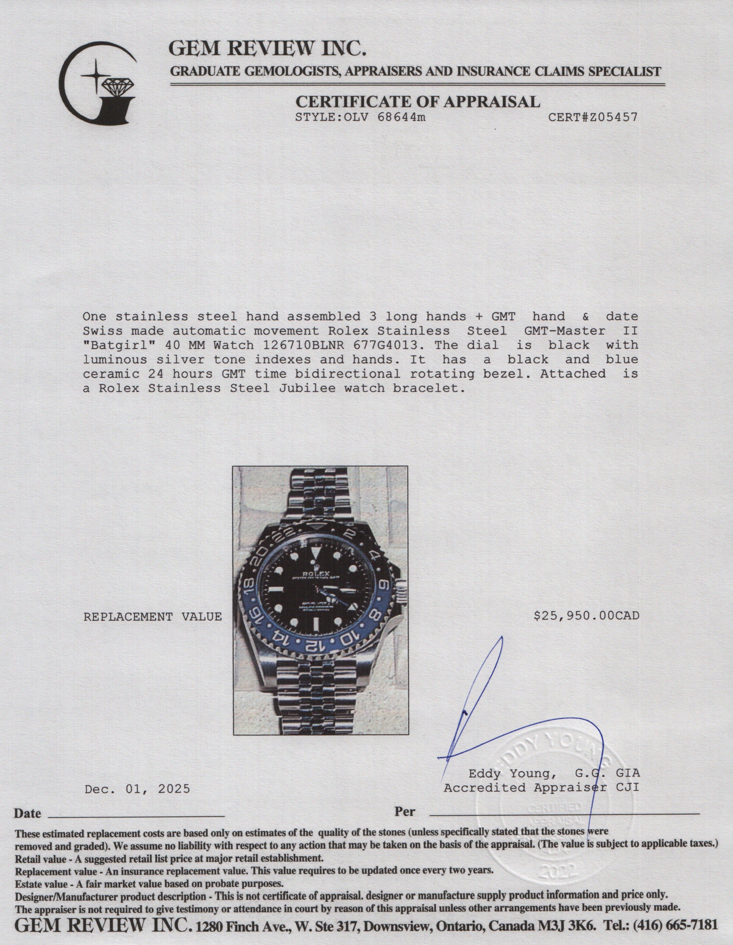 Rolex Stainless Steel GMT-Master II "Batgirl" 40 MM Watch 126710BLNR w/ Box & Papers