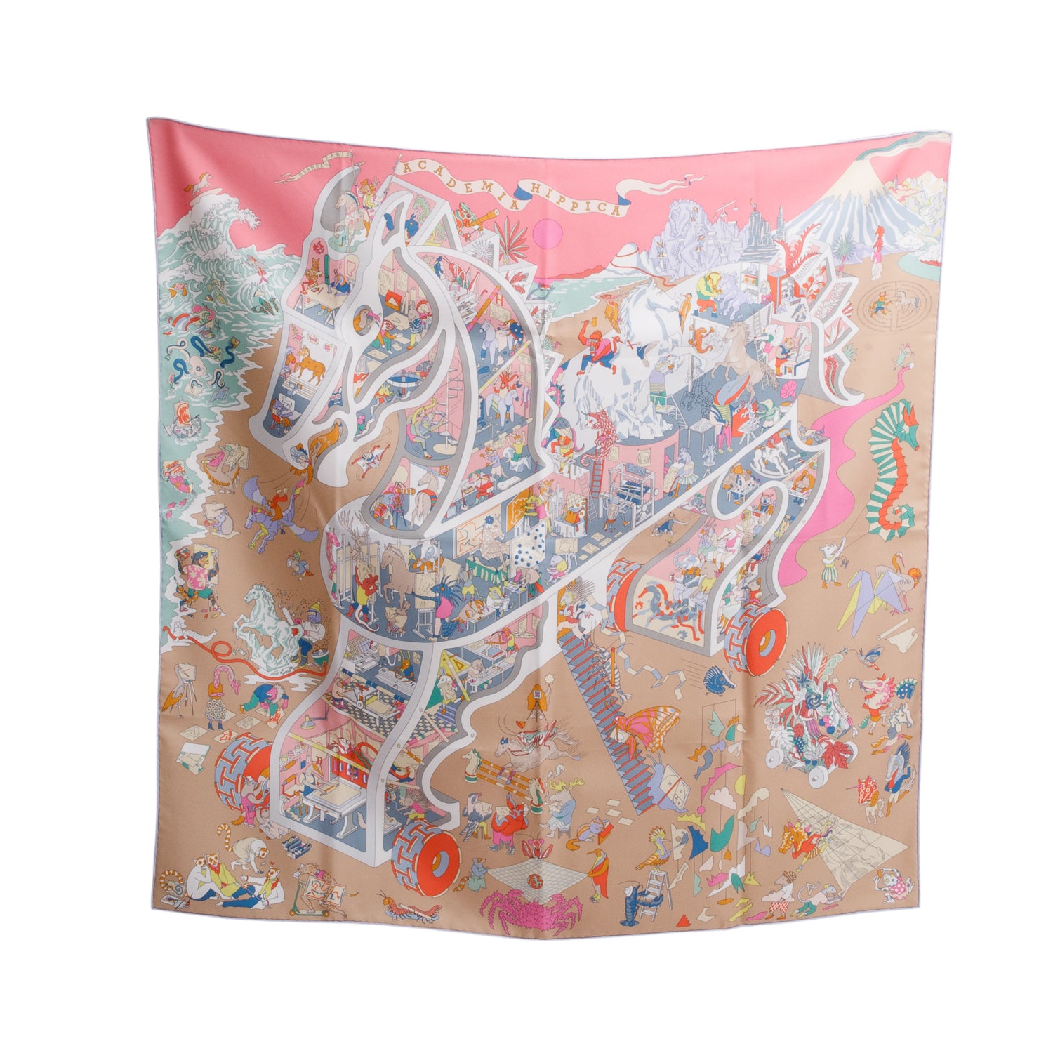 Hermes Multicolore 'Academia Hippica' Silk Scarf 90 w/ Box