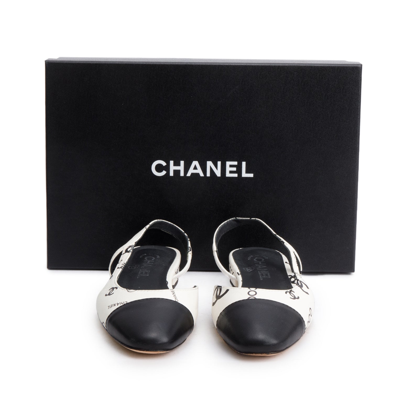 Chanel White Black Printed Lambskin CC Slingback Flats, Size 40 w/ Box