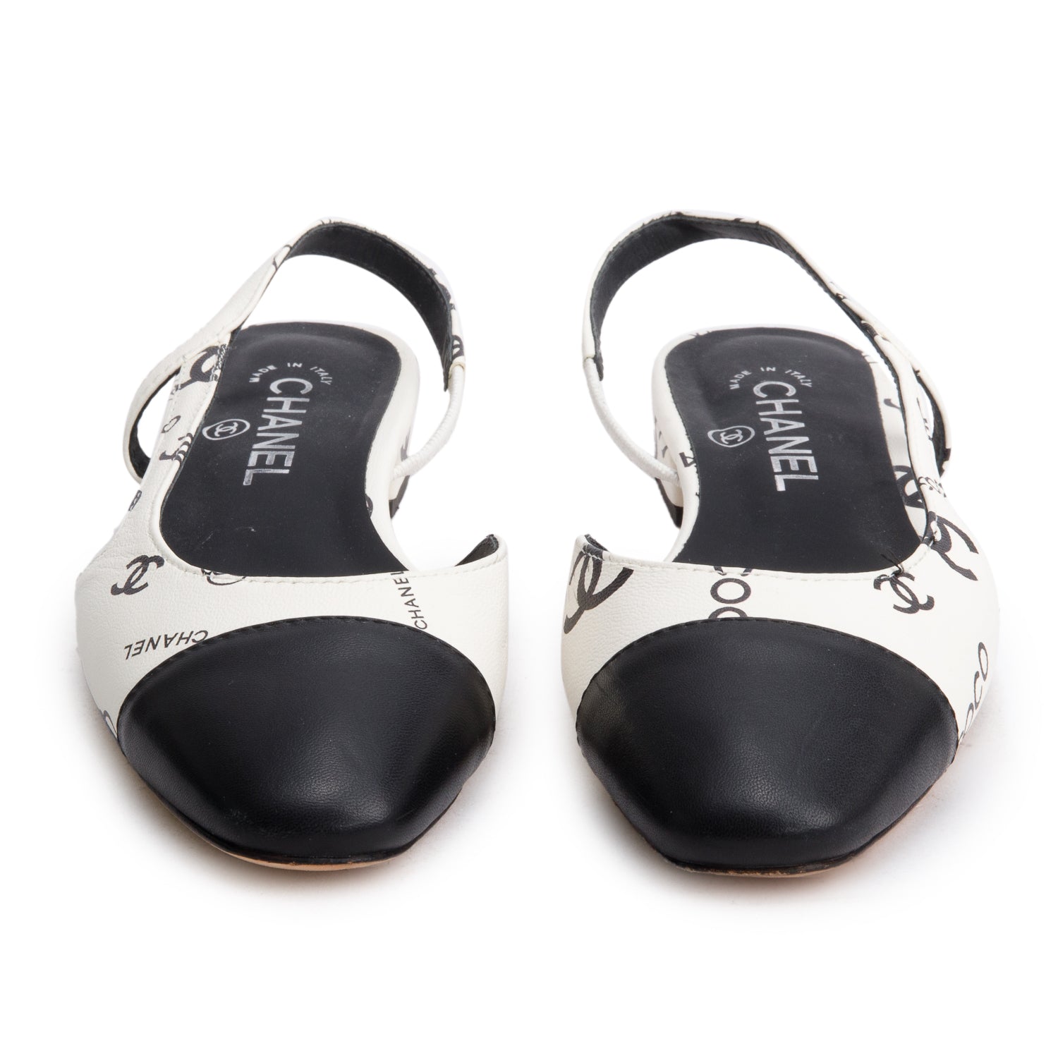 Chanel White Black Printed Lambskin CC Slingback Flats, Size 40 w/ Box