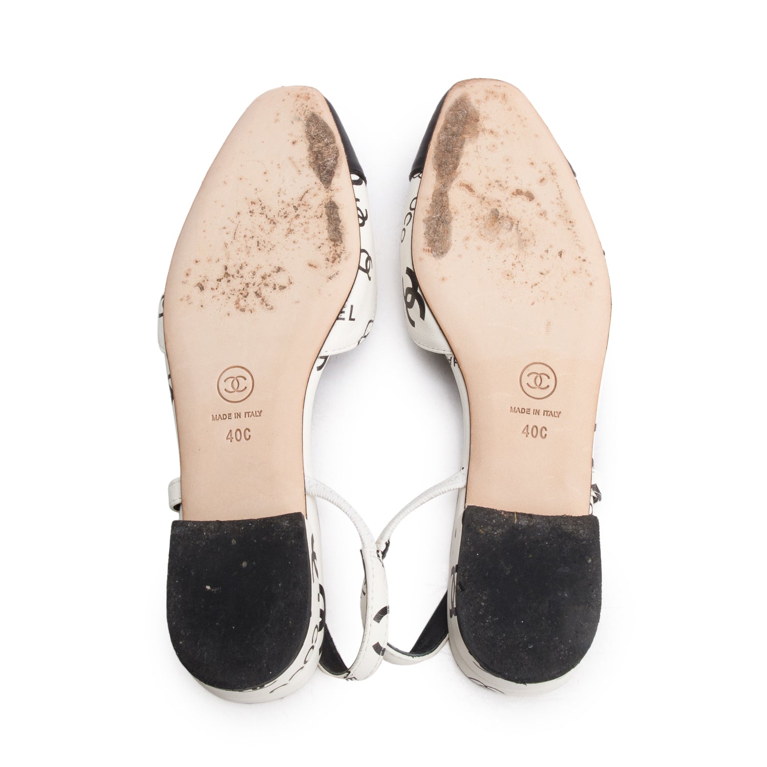 Chanel White Black Printed Lambskin CC Slingback Flats, Size 40 w/ Box