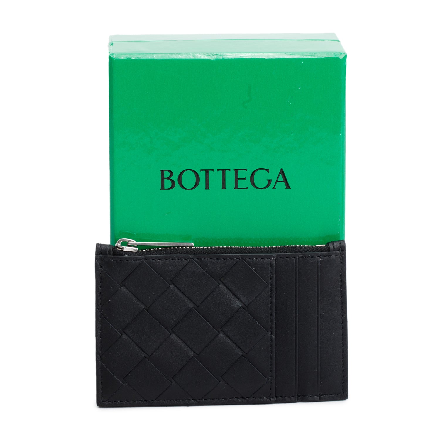 Bottega Veneta Black Nappa Intrecciato Zip Card Holder w/ Box