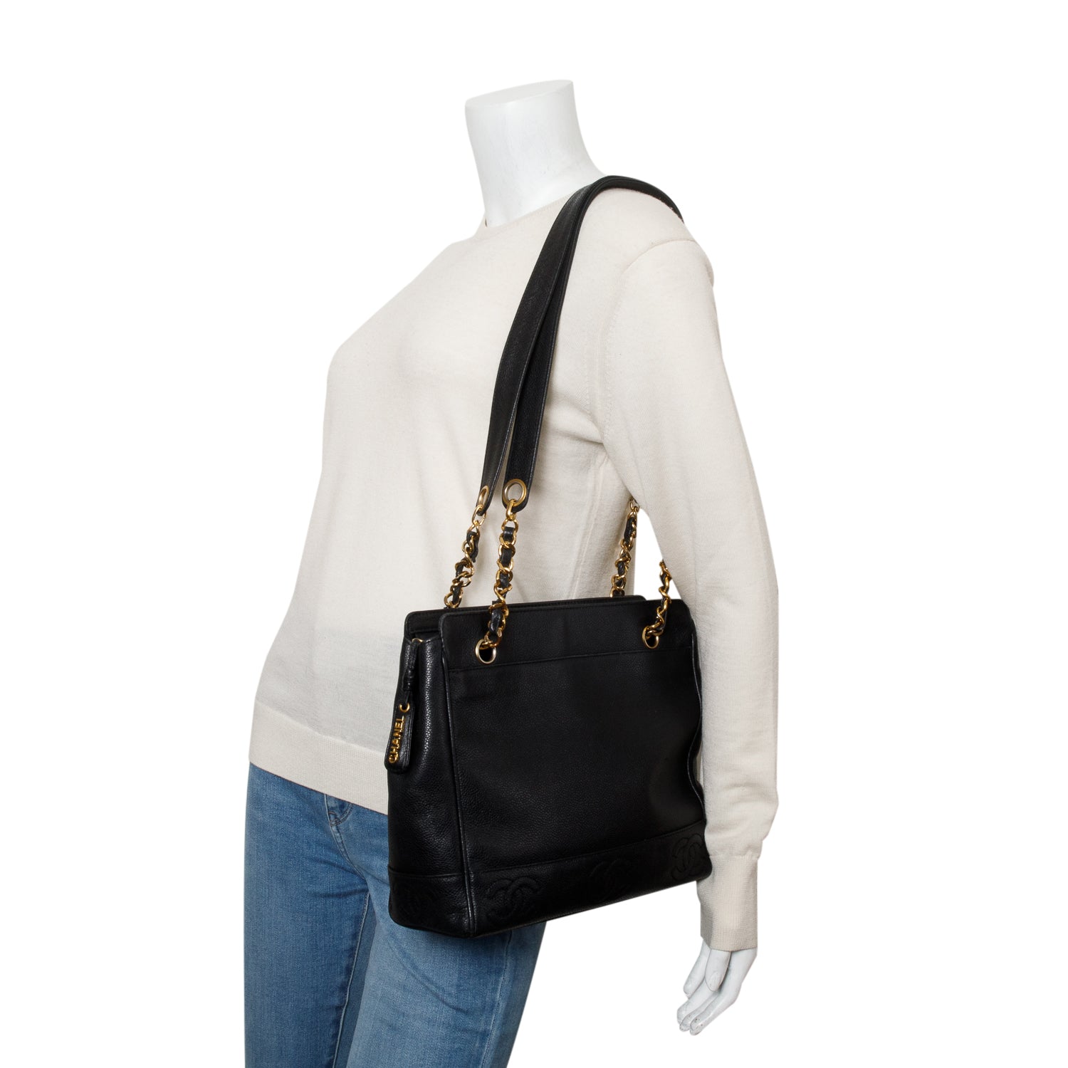 Chanel Vintage Black Caviar Leather Triple CC Tote