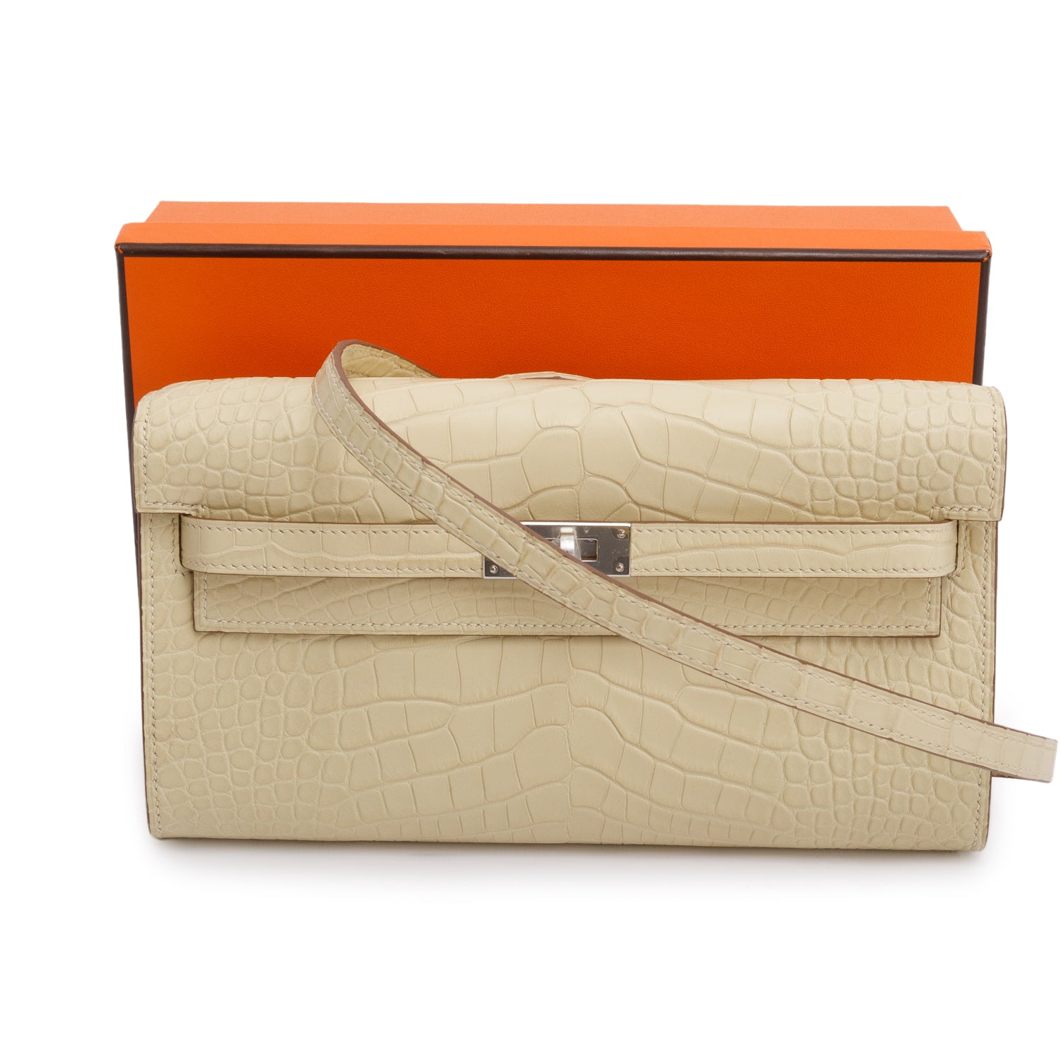 Hermes 2023 Vanille Alligator Mat Kelly Wallet To Go w/ Strap & Box