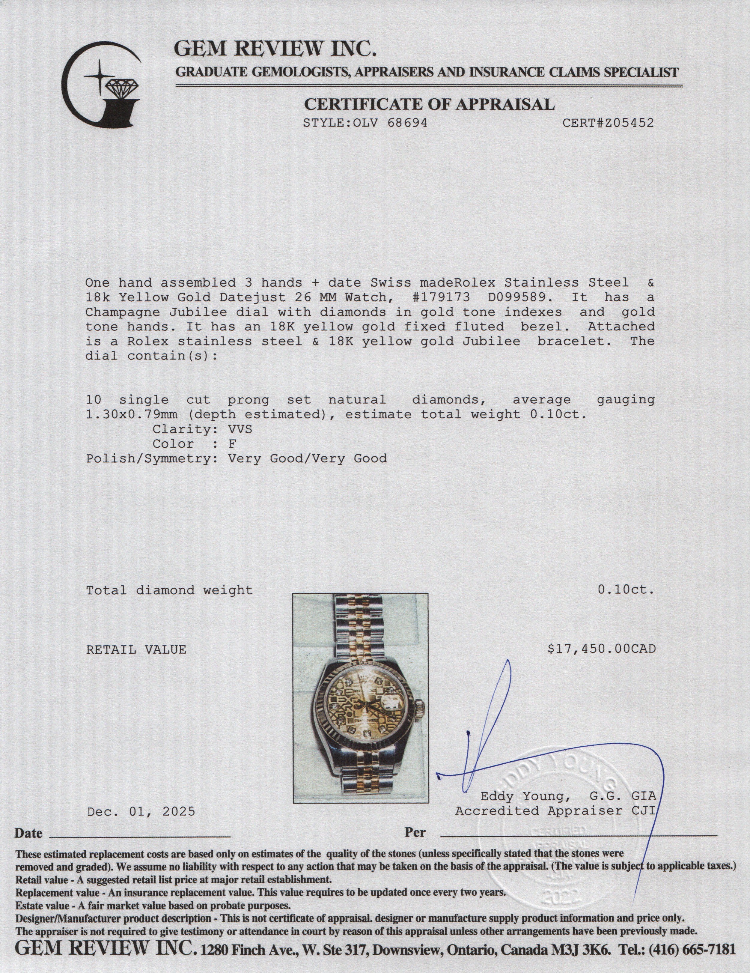 Rolex Stainless Steel & 18k Yellow Gold Datejust 26 MM Watch Champagne Diamond Dial 179173 w/ Papers