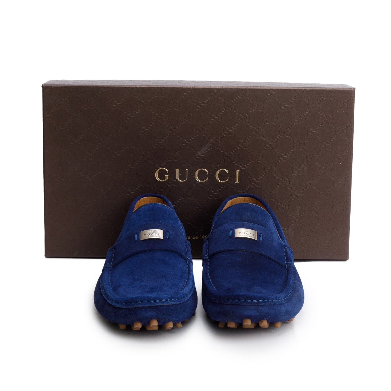 Gucci Blue Suede Driving Loafers, Men's Size 9.5 w/ Box