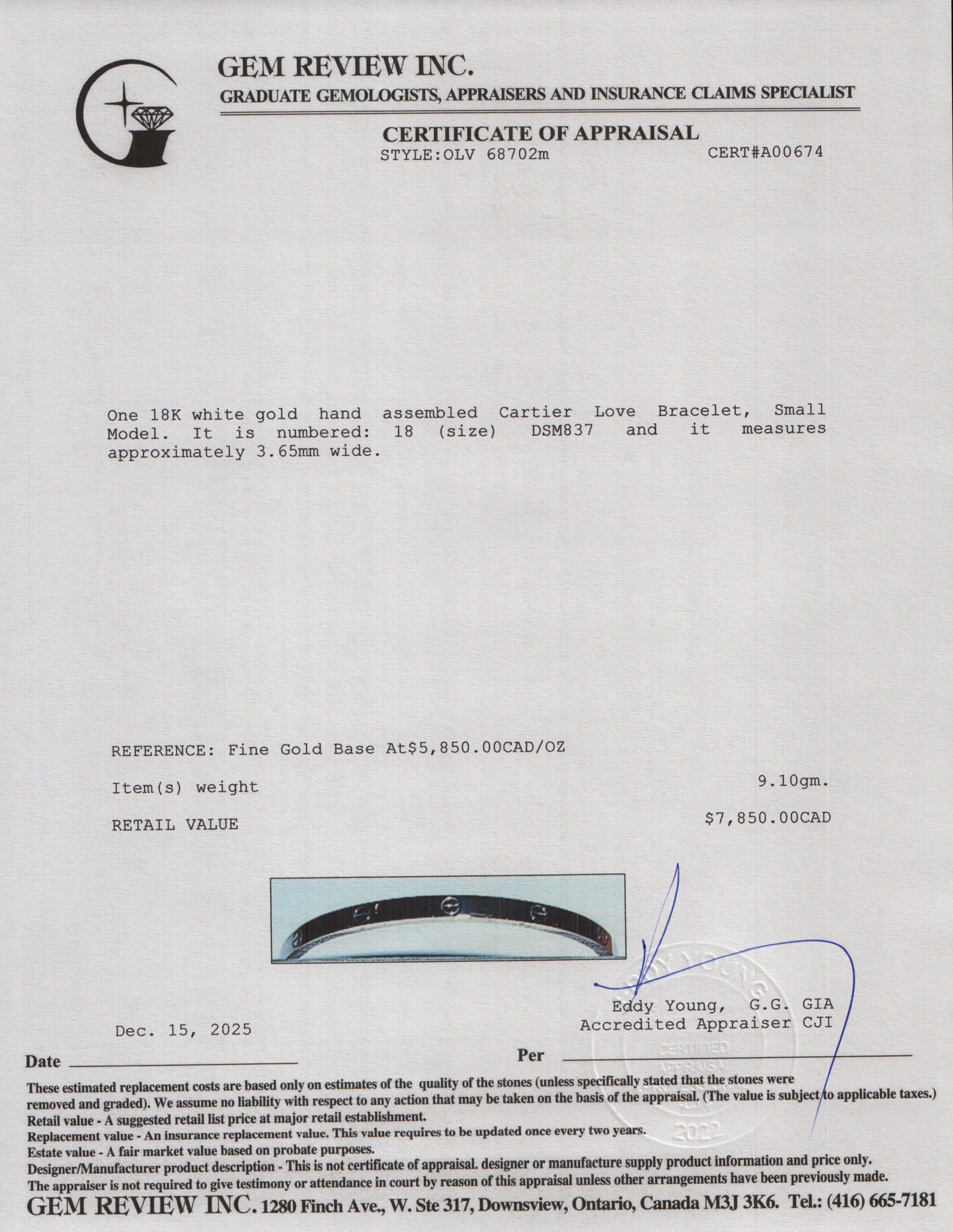 Cartier 18k White Gold 3.65 MM Love Bracelet, Small Model, Size 18 w/ Pouch