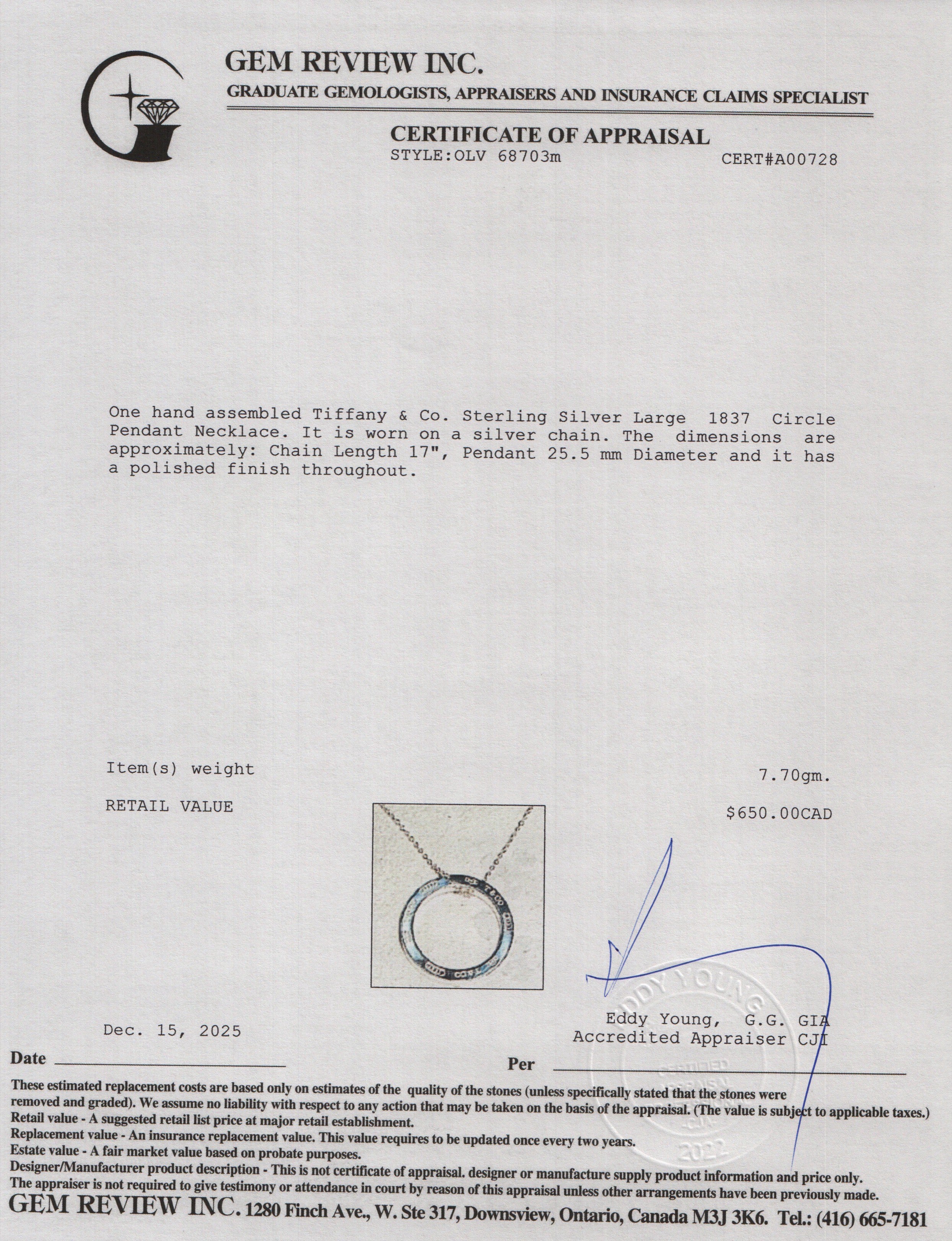 Tiffany & Co. Sterling Silver Large 1837 Circle Pendant Necklace