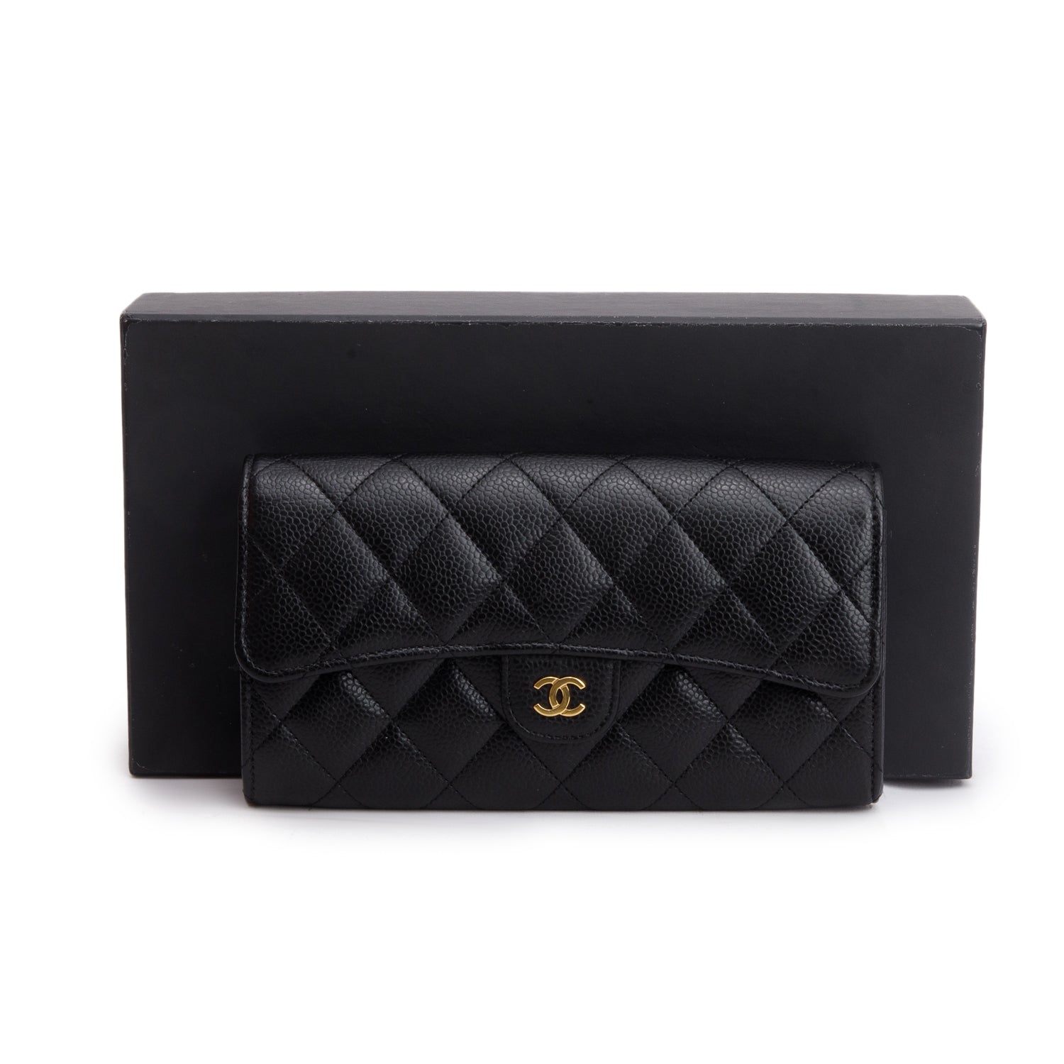 Chanel Black Caviar Leather Classic Long Flap Wallet w/ Box