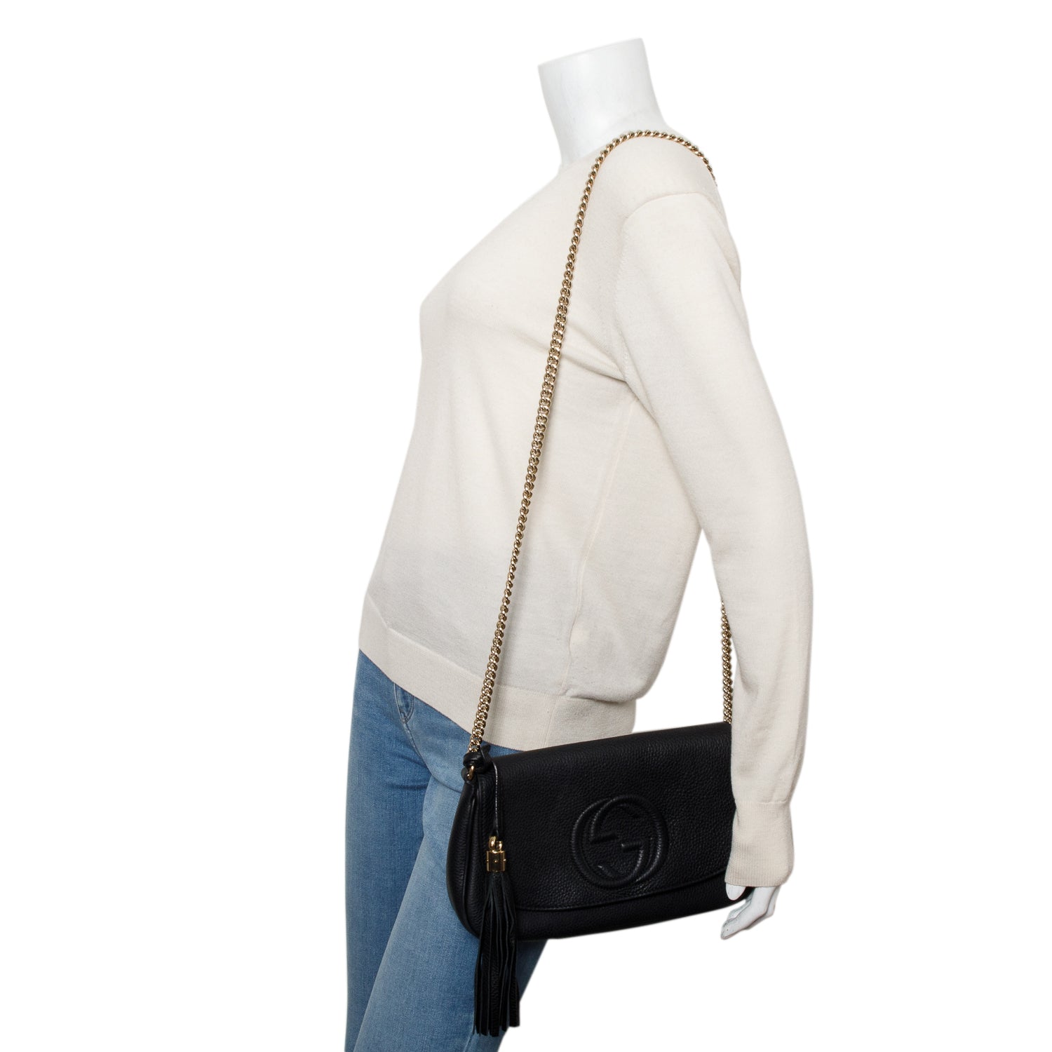 Gucci Black Pebbled Calfskin Medium Soho Chain Crossbody Bag w/ Box